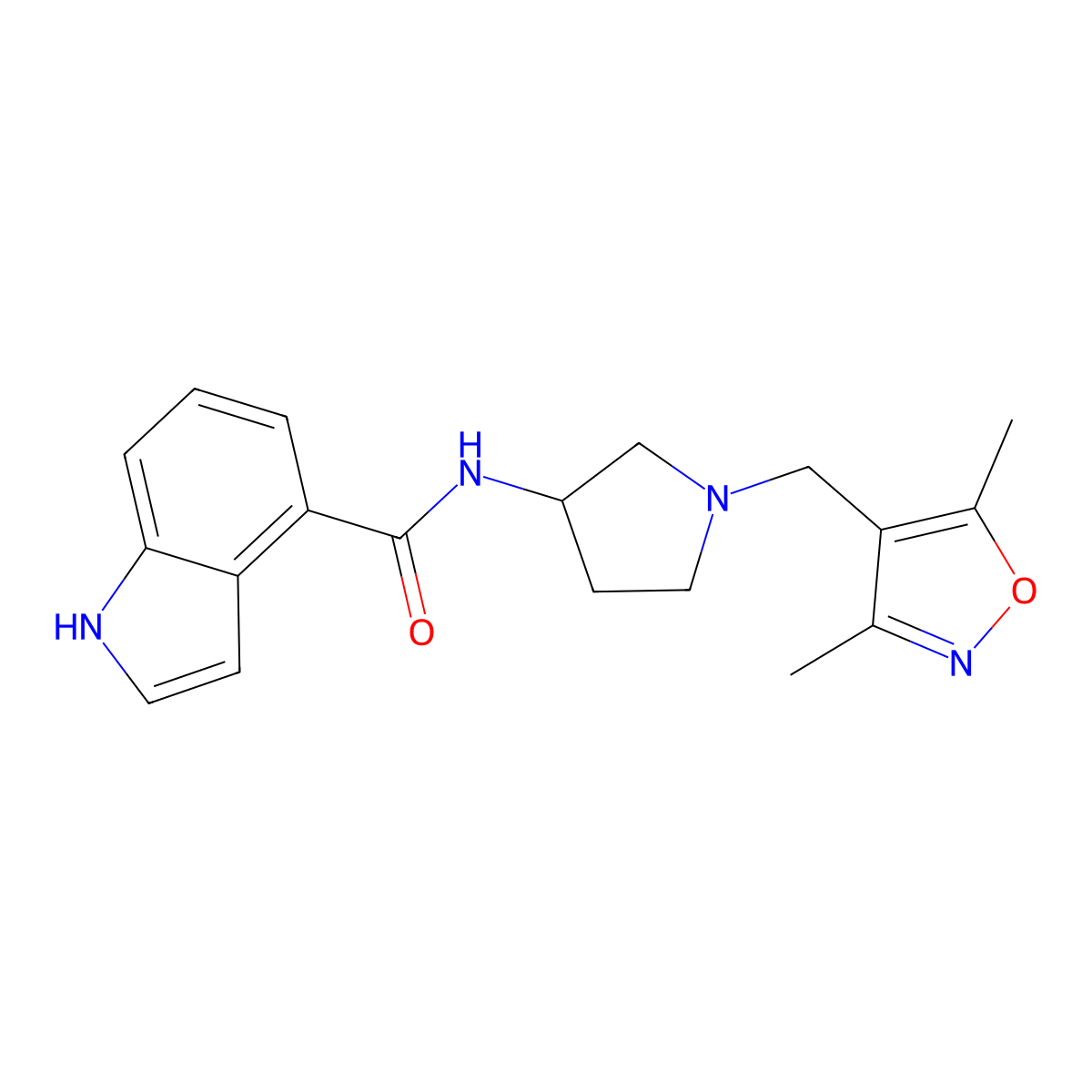 N-{1-[(3,5-dimethylisoxazol-4-yl)methyl]pyrrolidin-3-yl}-1H-indole-4-carboxamide molecular structure, CAS 1775402-20-4