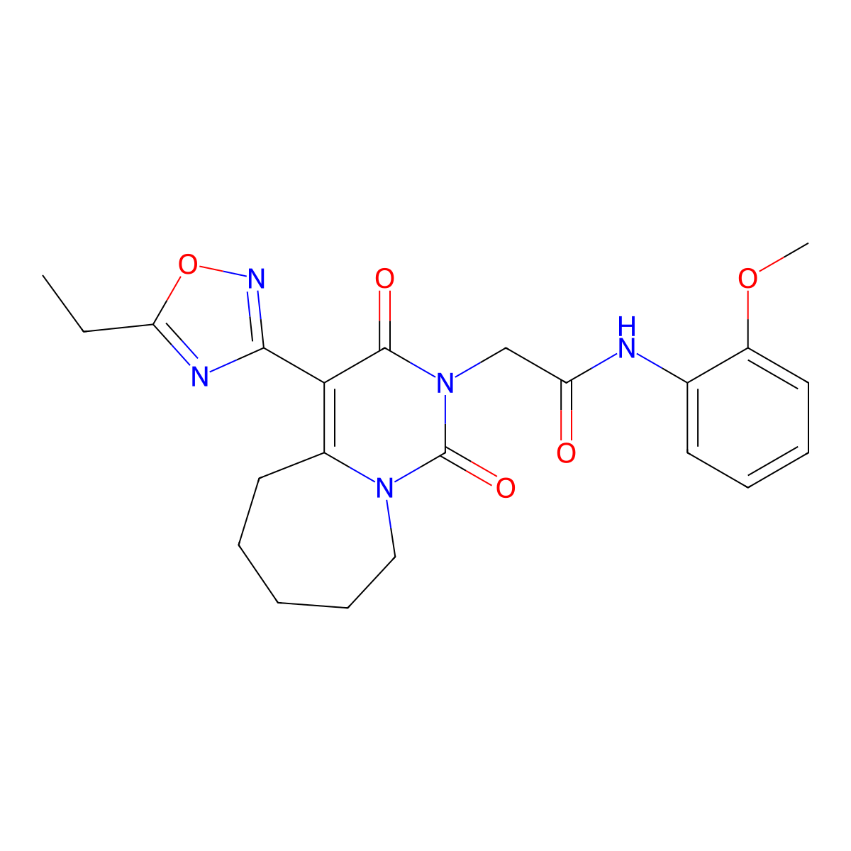 2-[4-(5-ethyl-1,2,4-oxadiazol-3-yl)-1,3-dioxo-3,5,6,7,8,9-hexahydropyrimido[1,6-a]azepin-2(1H)-yl]-N-(2-methoxyphenyl)acetamide molecular structure, CAS 1775402-99-7