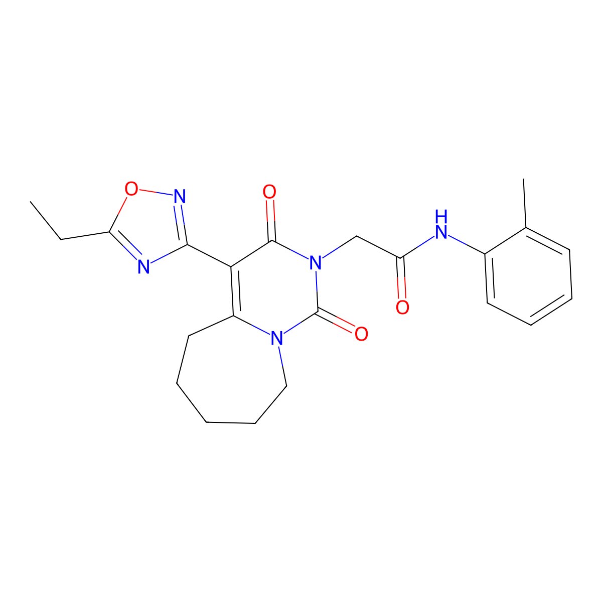 2-[4-(5-ethyl-1,2,4-oxadiazol-3-yl)-1,3-dioxo-1H,2H,3H,5H,6H,7H,8H,9H-pyrimido[1,6-a]azepin-2-yl]-N-(2-methylphenyl)acetamide molecular structure, CAS 1775403-06-9