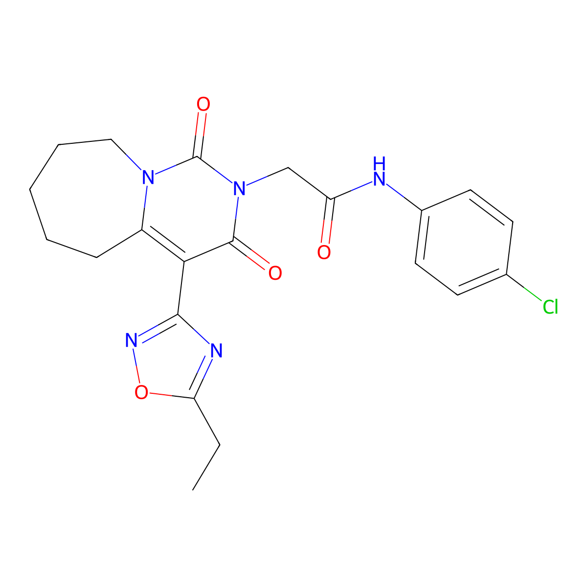 N-(4-chlorophenyl)-2-[4-(5-ethyl-1,2,4-oxadiazol-3-yl)-1,3-dioxo-3,5,6,7,8,9-hexahydropyrimido[1,6-a]azepin-2(1H)-yl]acetamide molecular structure, CAS 1775403-13-8