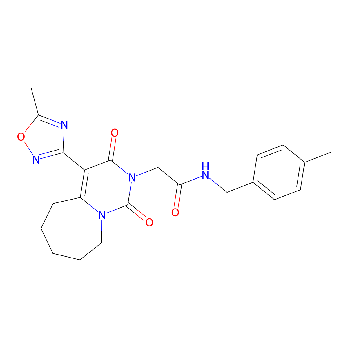 N-(4-methylbenzyl)-2-[4-(5-methyl-1,2,4-oxadiazol-3-yl)-1,3-dioxo-3,5,6,7,8,9-hexahydropyrimido[1,6-a]azepin-2(1H)-yl]acetamide molecular structure, CAS 1775403-71-8