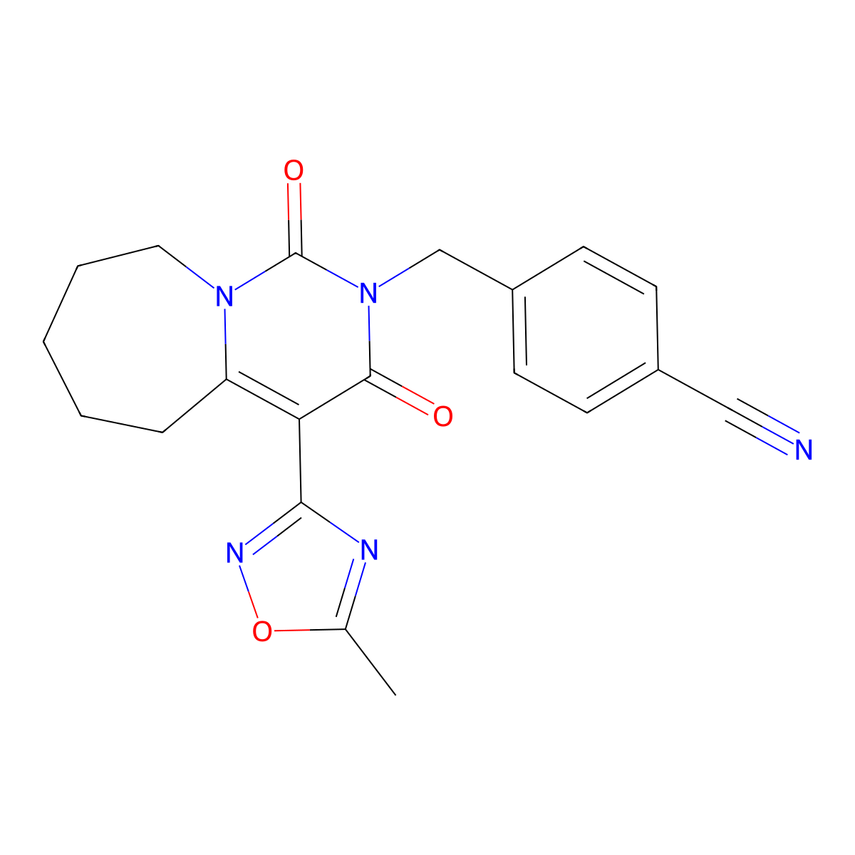 4-{[4-(5-methyl-1,2,4-oxadiazol-3-yl)-1,3-dioxo-3,5,6,7,8,9-hexahydropyrimido[1,6-a]azepin-2(1H)-yl]methyl}benzonitrile molecular structure, CAS 1775403-77-4