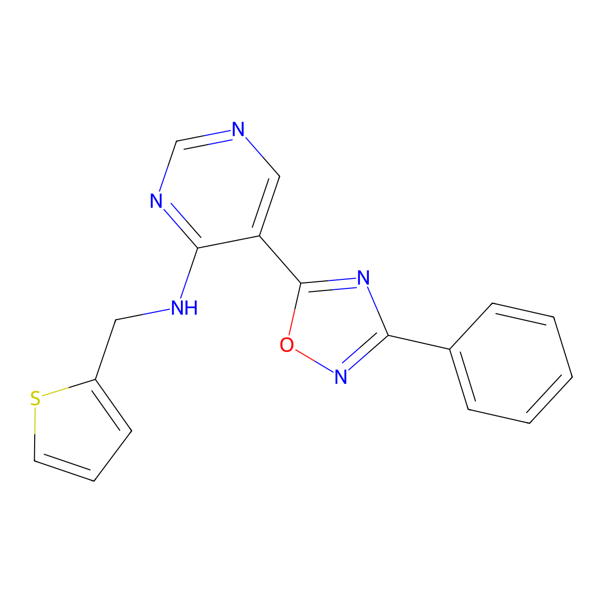 5-(3-phenyl-1,2,4-oxadiazol-5-yl)-N-(thiophen-2-ylmethyl)pyrimidin-4-amine molecular structure, CAS 1775410-59-7