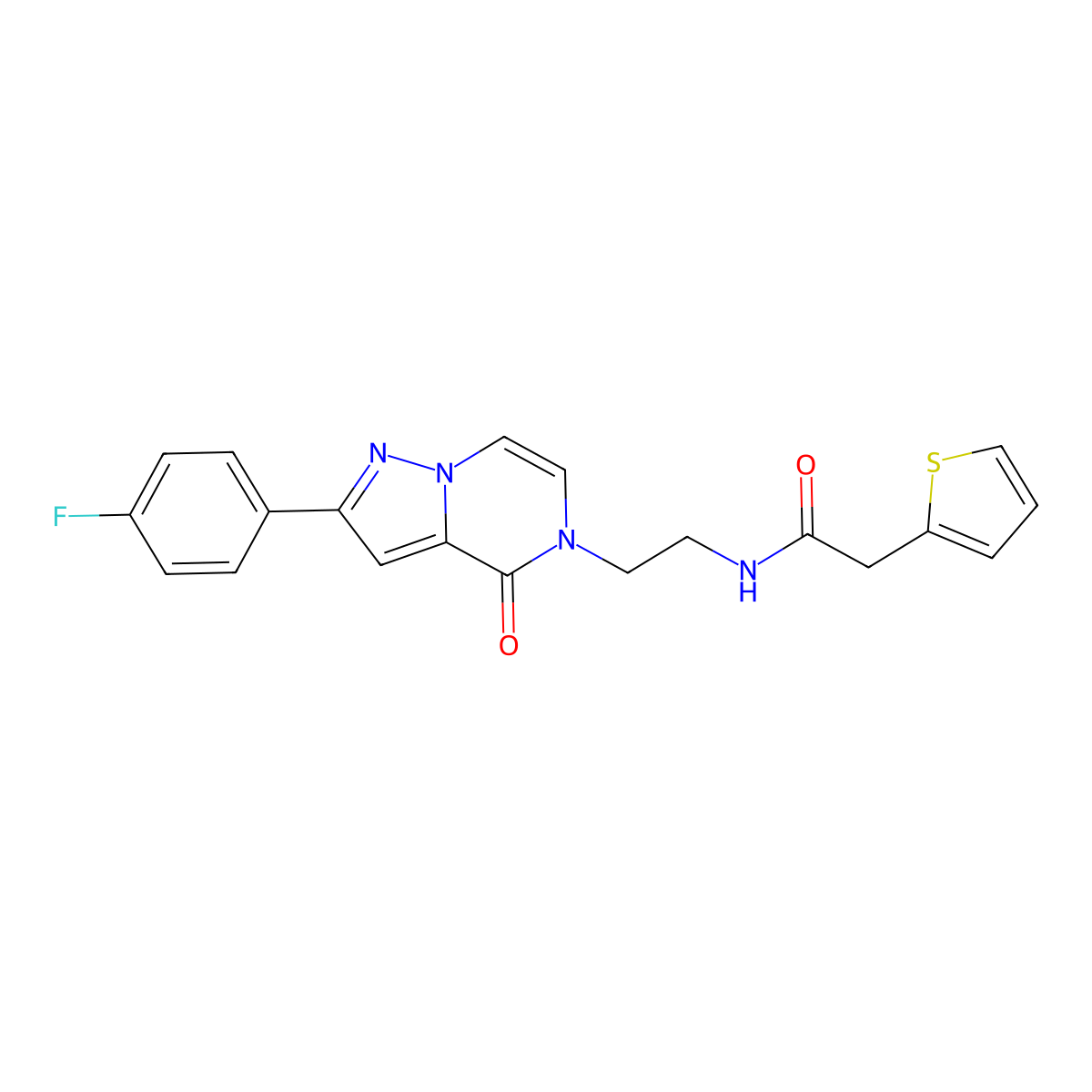 N-{2-[2-(4-Fluorophenyl)-4-oxo-4H,5H-pyrazolo[1,5-A]pyrazin-5-YL]ethyl}-2-(thiophen-2-YL)acetamide molecular structure, CAS 1775410-63-3