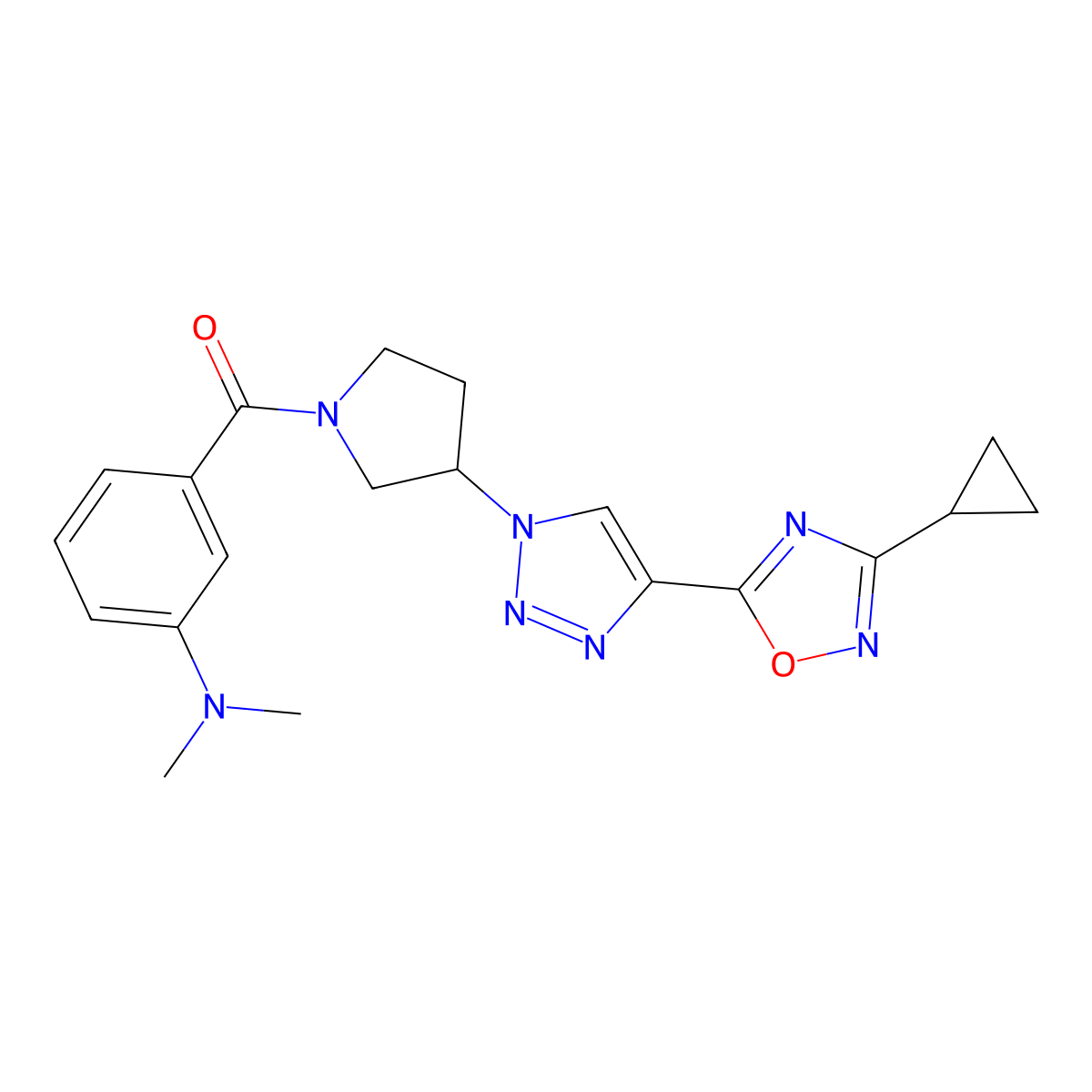 3-{3-[4-(3-Cyclopropyl-1,2,4-oxadiazol-5-YL)-1H-1,2,3-triazol-1-YL]pyrrolidine-1-carbonyl}-N,N-dimethylaniline molecular structure, CAS 1775413-79-0