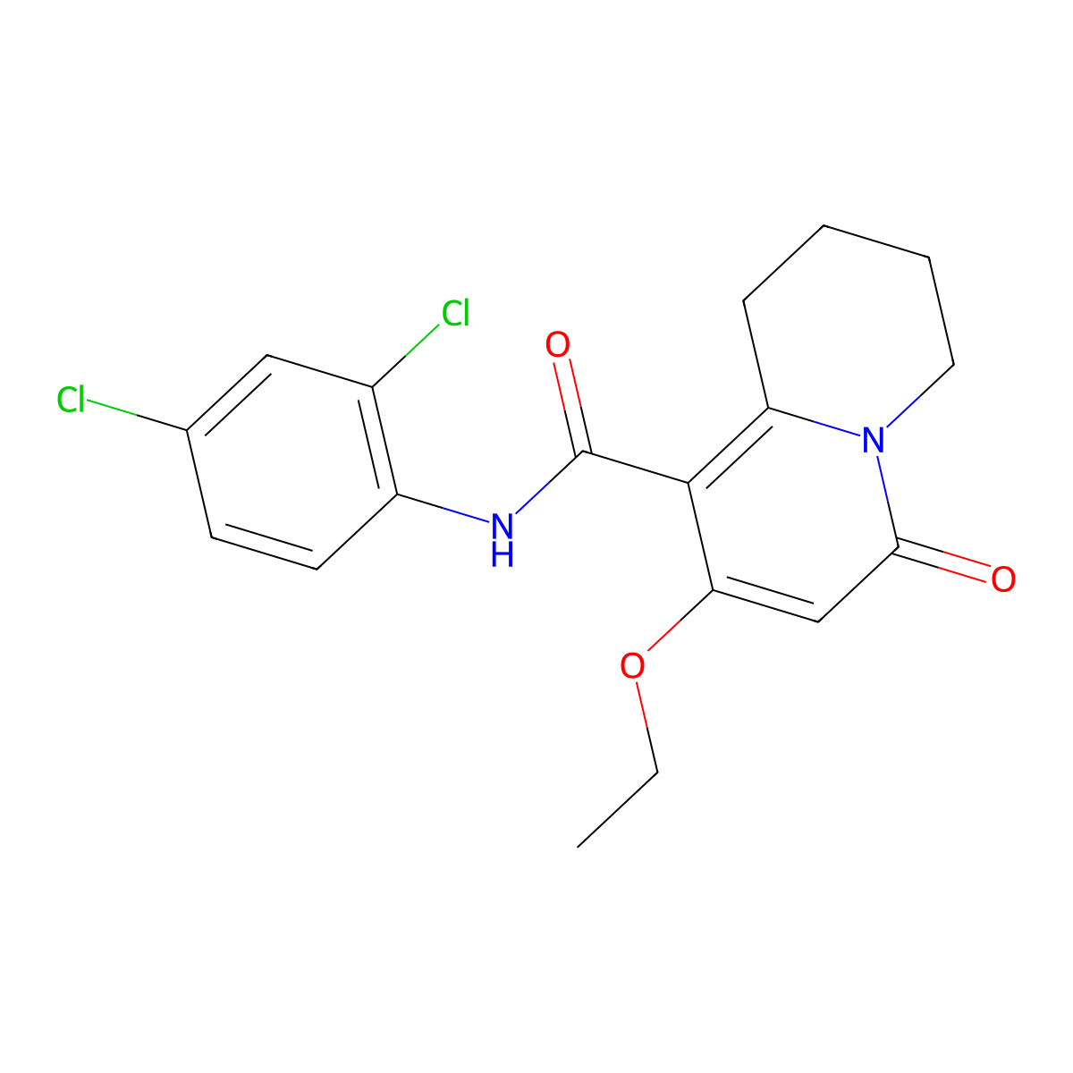 N-(2,4-dichlorophenyl)-8-ethoxy-6-oxo-2,3,4,6-tetrahydro-1H-quinolizine-9-carboxamide molecular structure, CAS 1775420-53-5