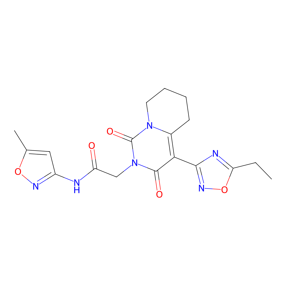 2-[4-(5-ethyl-1,2,4-oxadiazol-3-yl)-1,3-dioxo-1H,2H,3H,5H,6H,7H,8H-pyrido[1,2-c]pyrimidin-2-yl]-N-(5-methyl-1,2-oxazol-3-yl)acetamide molecular structure, CAS 1775420-90-0