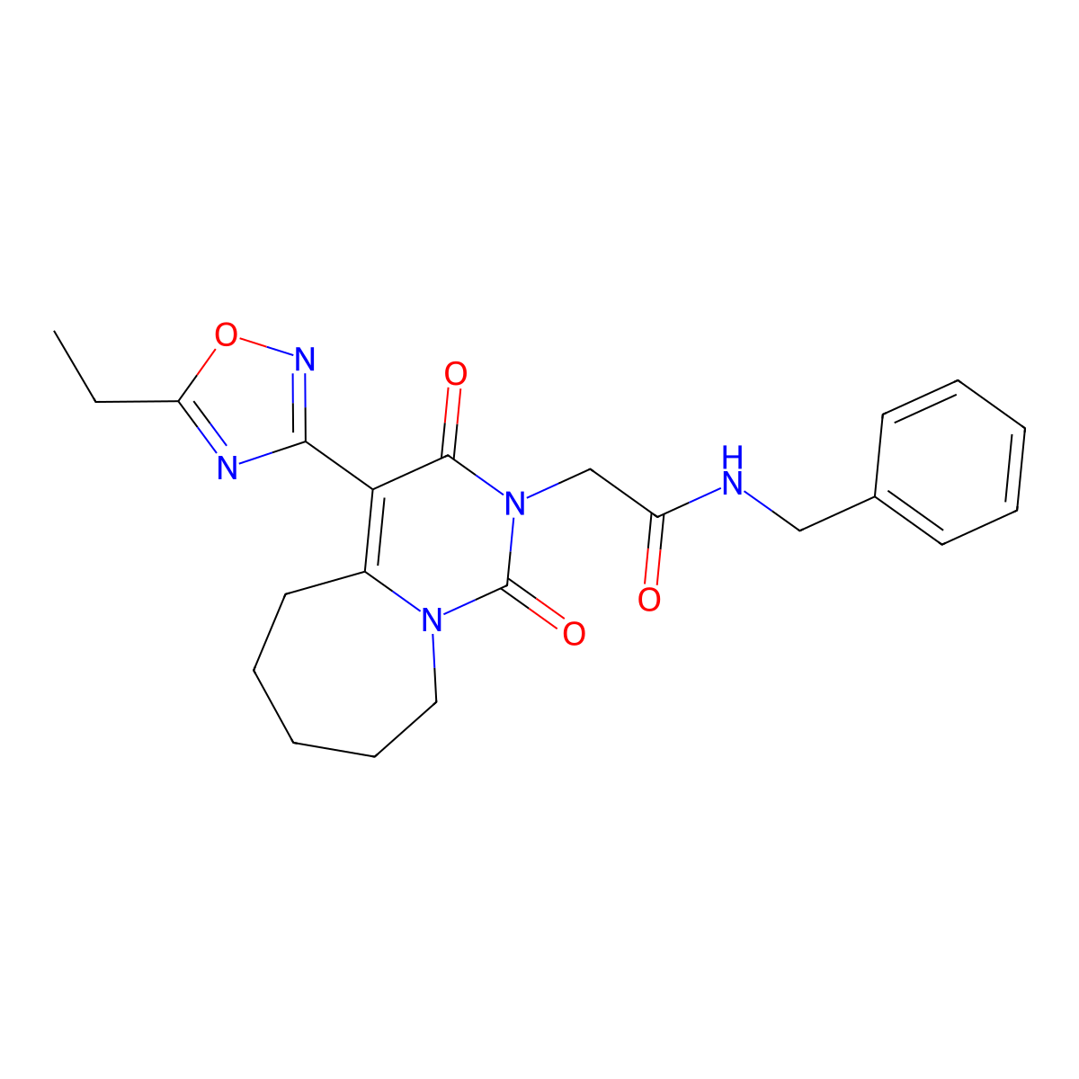 N-benzyl-2-[4-(5-ethyl-1,2,4-oxadiazol-3-yl)-1,3-dioxo-3,5,6,7,8,9-hexahydropyrimido[1,6-a]azepin-2(1H)-yl]acetamide molecular structure, CAS 1775420-96-6