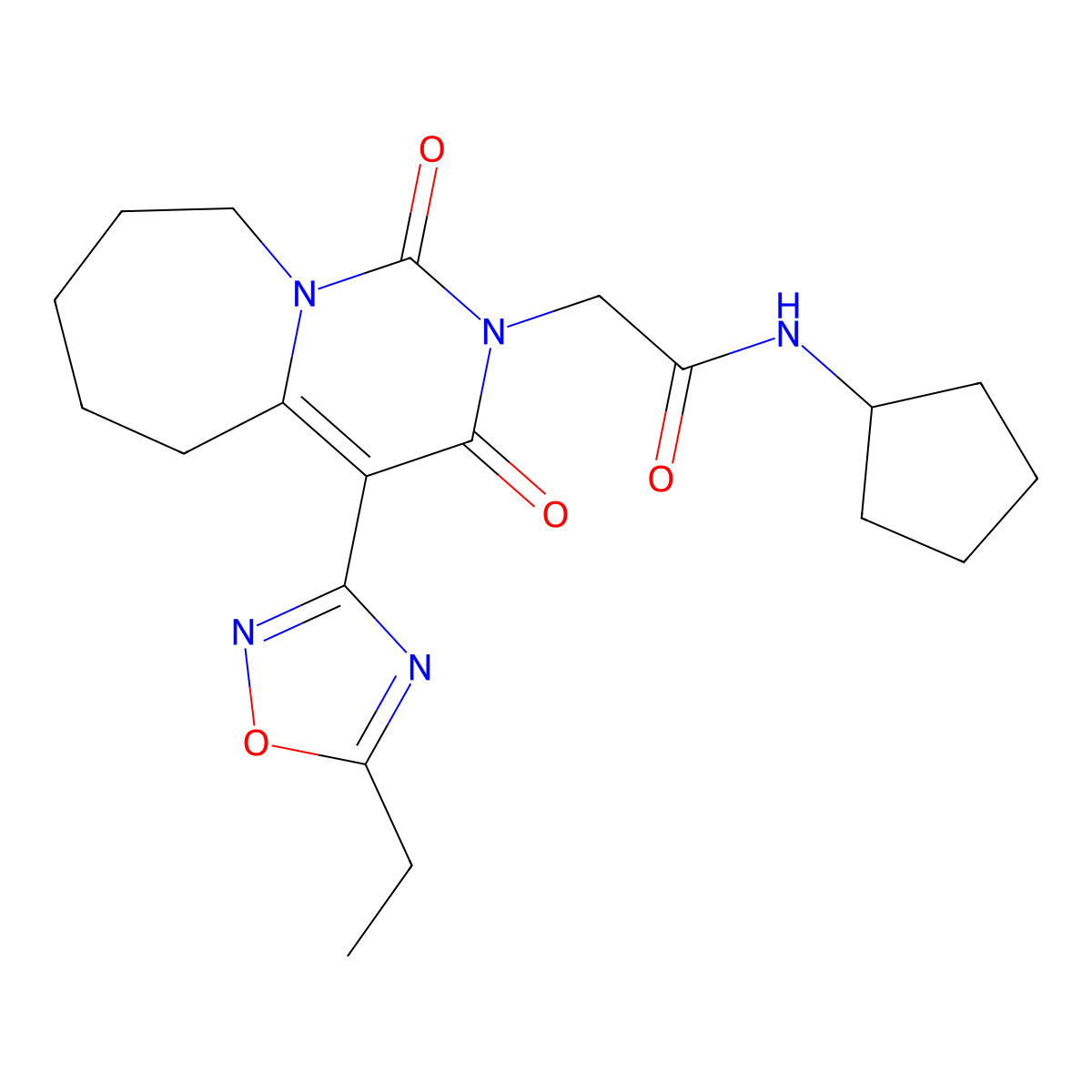 N-cyclopentyl-2-[4-(5-ethyl-1,2,4-oxadiazol-3-yl)-1,3-dioxo-3,5,6,7,8,9-hexahydropyrimido[1,6-a]azepin-2(1H)-yl]acetamide molecular structure, CAS 1775421-20-9