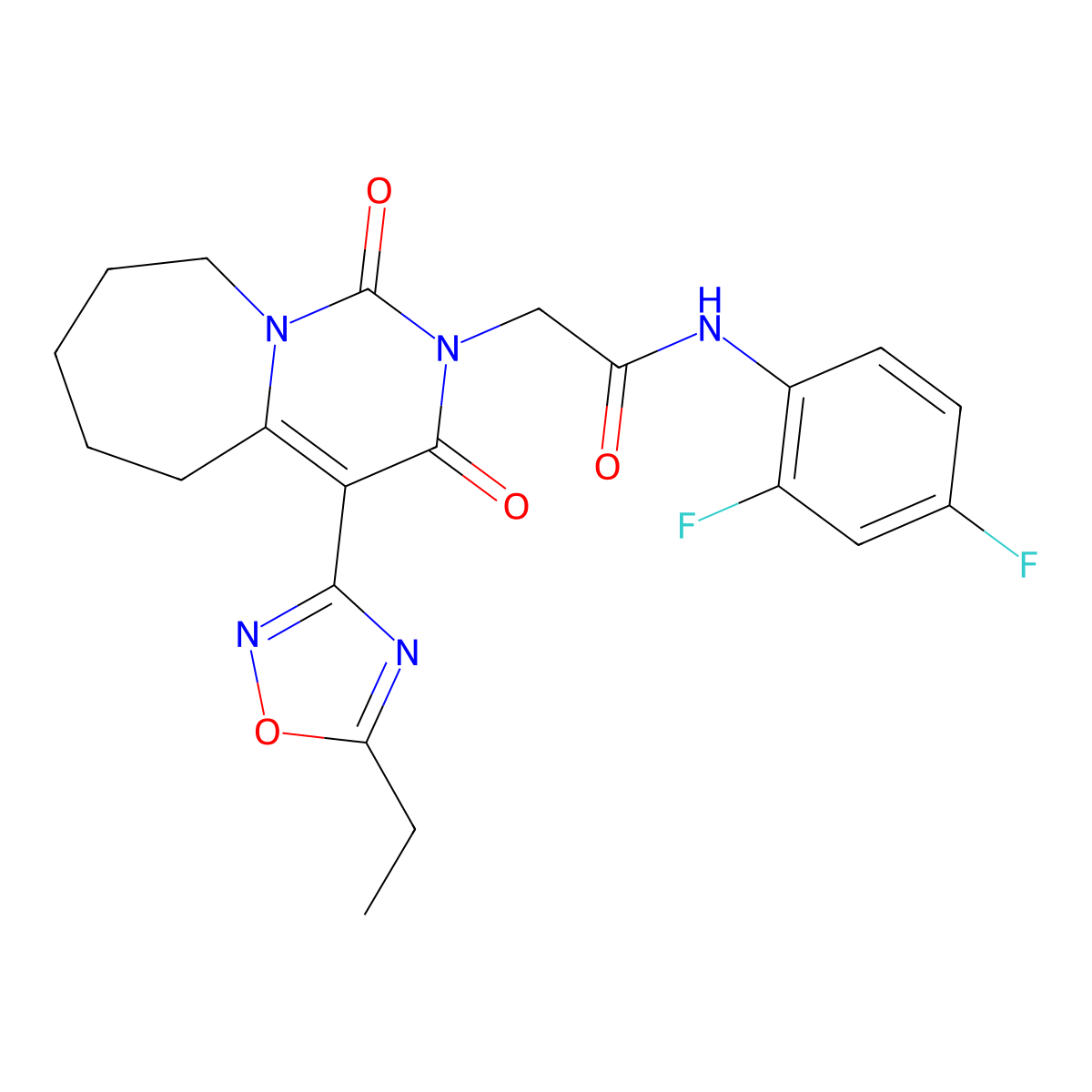 N-(2,4-difluorophenyl)-2-[4-(5-ethyl-1,2,4-oxadiazol-3-yl)-1,3-dioxo-3,5,6,7,8,9-hexahydropyrimido[1,6-a]azepin-2(1H)-yl]acetamide molecular structure, CAS 1775421-30-1