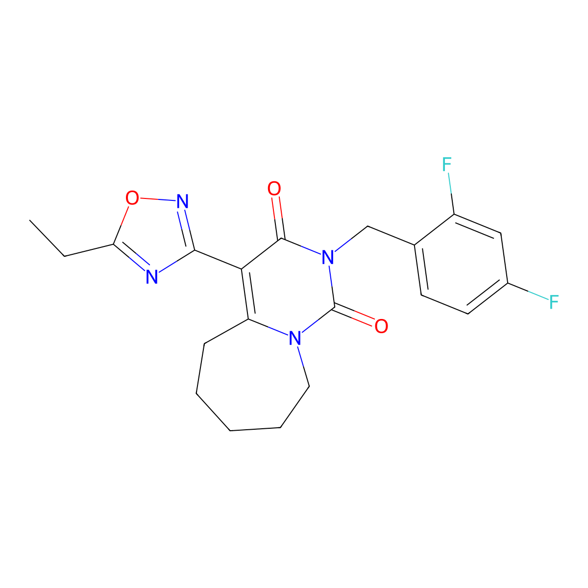2-(2,4-difluorobenzyl)-4-(5-ethyl-1,2,4-oxadiazol-3-yl)-6,7,8,9-tetrahydropyrimido[1,6-a]azepine-1,3(2H,5H)-dione molecular structure, CAS 1775421-38-9