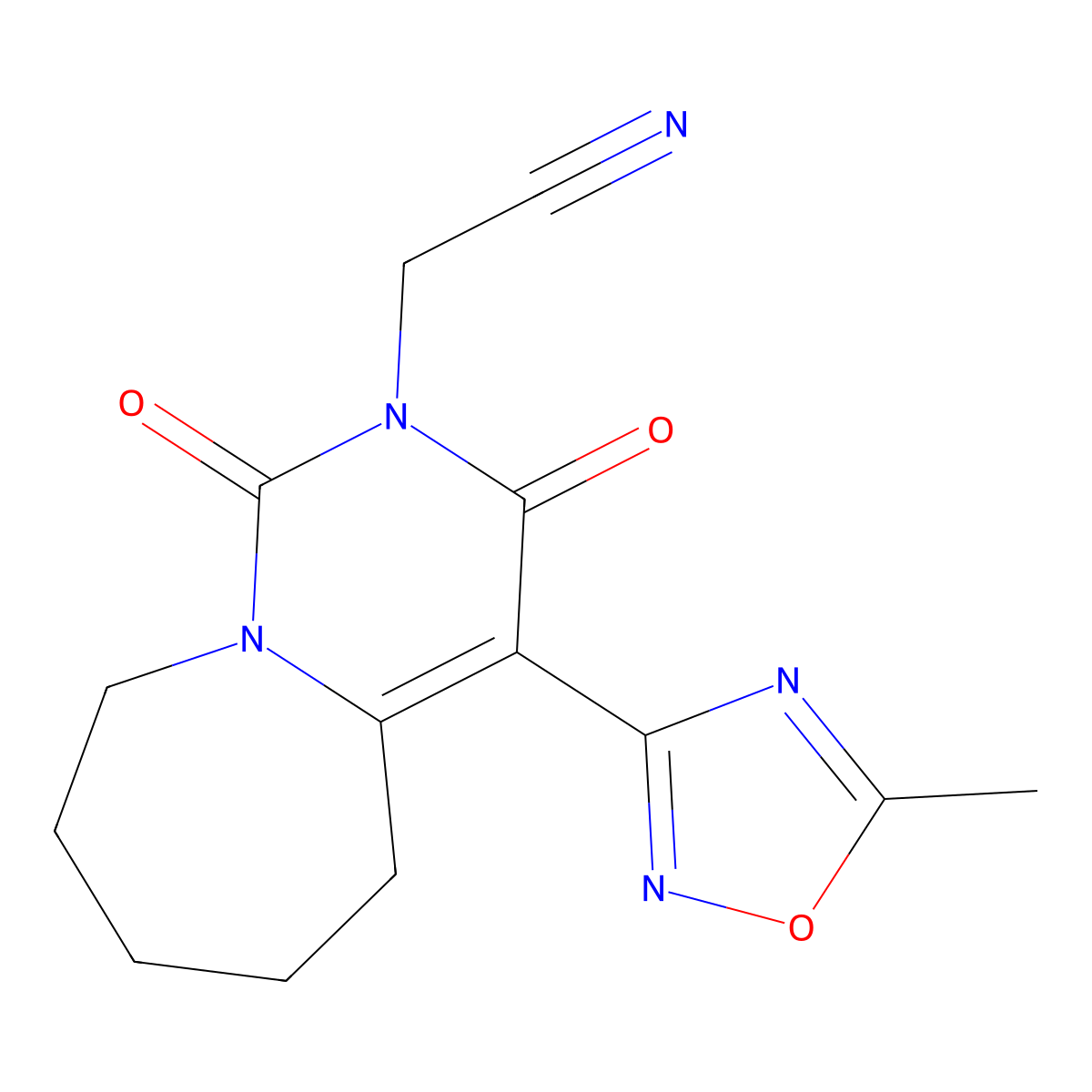 [4-(5-methyl-1,2,4-oxadiazol-3-yl)-1,3-dioxo-3,5,6,7,8,9-hexahydropyrimido[1,6-a]azepin-2(1H)-yl]methyl cyanide molecular structure, CAS 1775421-57-2
