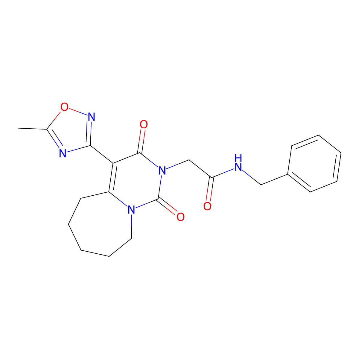 N-benzyl-2-[4-(5-methyl-1,2,4-oxadiazol-3-yl)-1,3-dioxo-3,5,6,7,8,9-hexahydropyrimido[1,6-a]azepin-2(1H)-yl]acetamide molecular structure, CAS 1775421-62-9