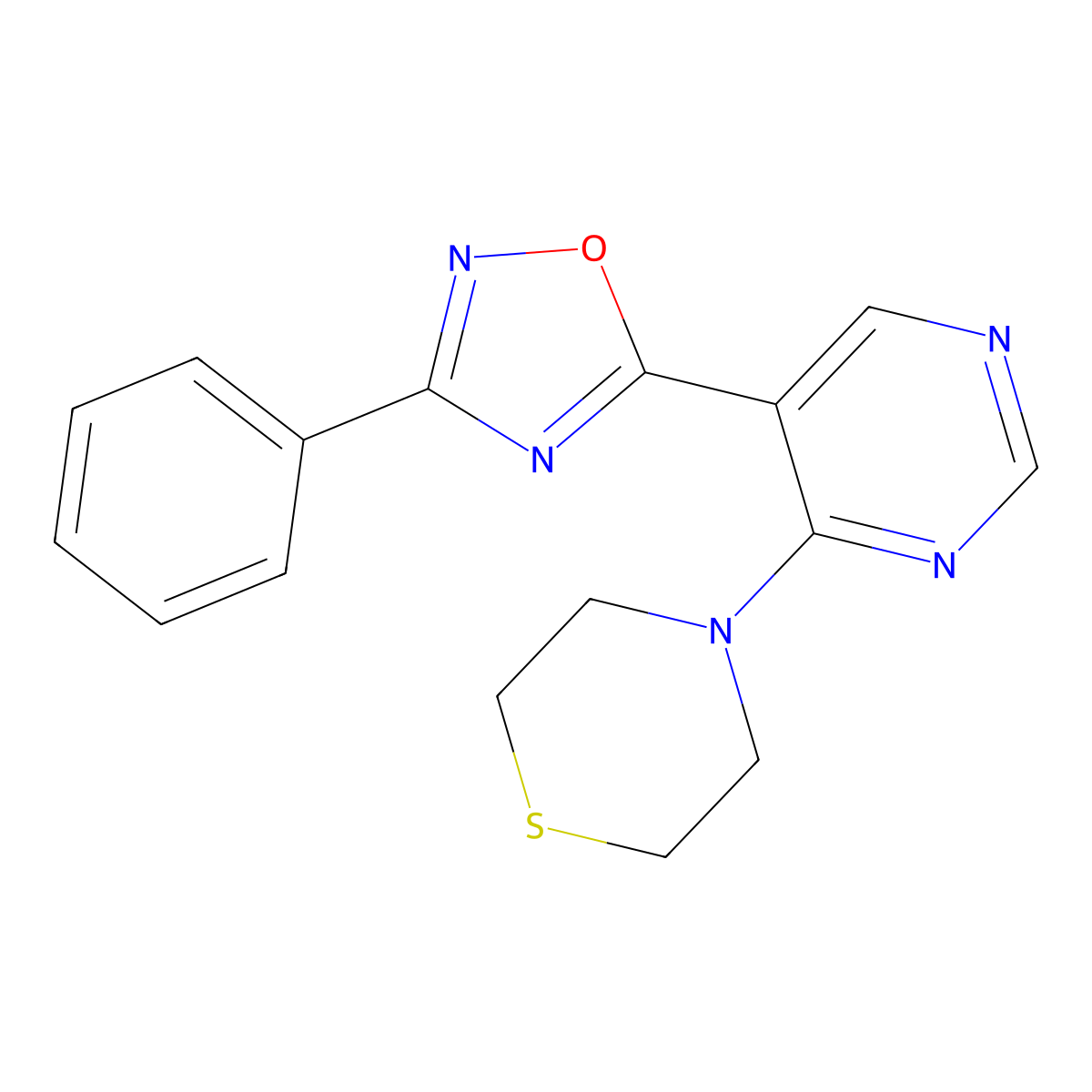 4-[5-(3-Phenyl-1,2,4-oxadiazol-5-yl)pyrimidin-4-yl]thiomorpholine molecular structure, CAS 1775433-04-9