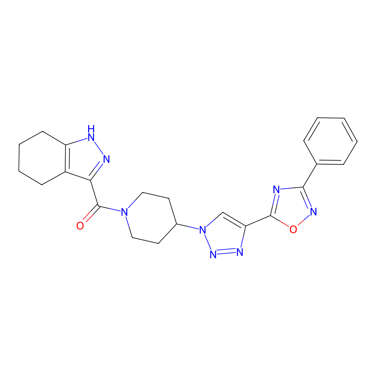 3-{4-[4-(3-Phenyl-1,2,4-oxadiazol-5-YL)-1H-1,2,3-triazol-1-YL]piperidine-1-carbonyl}-4,5,6,7-tetrahydro-1H-indazole molecular structure, CAS 1775436-62-8