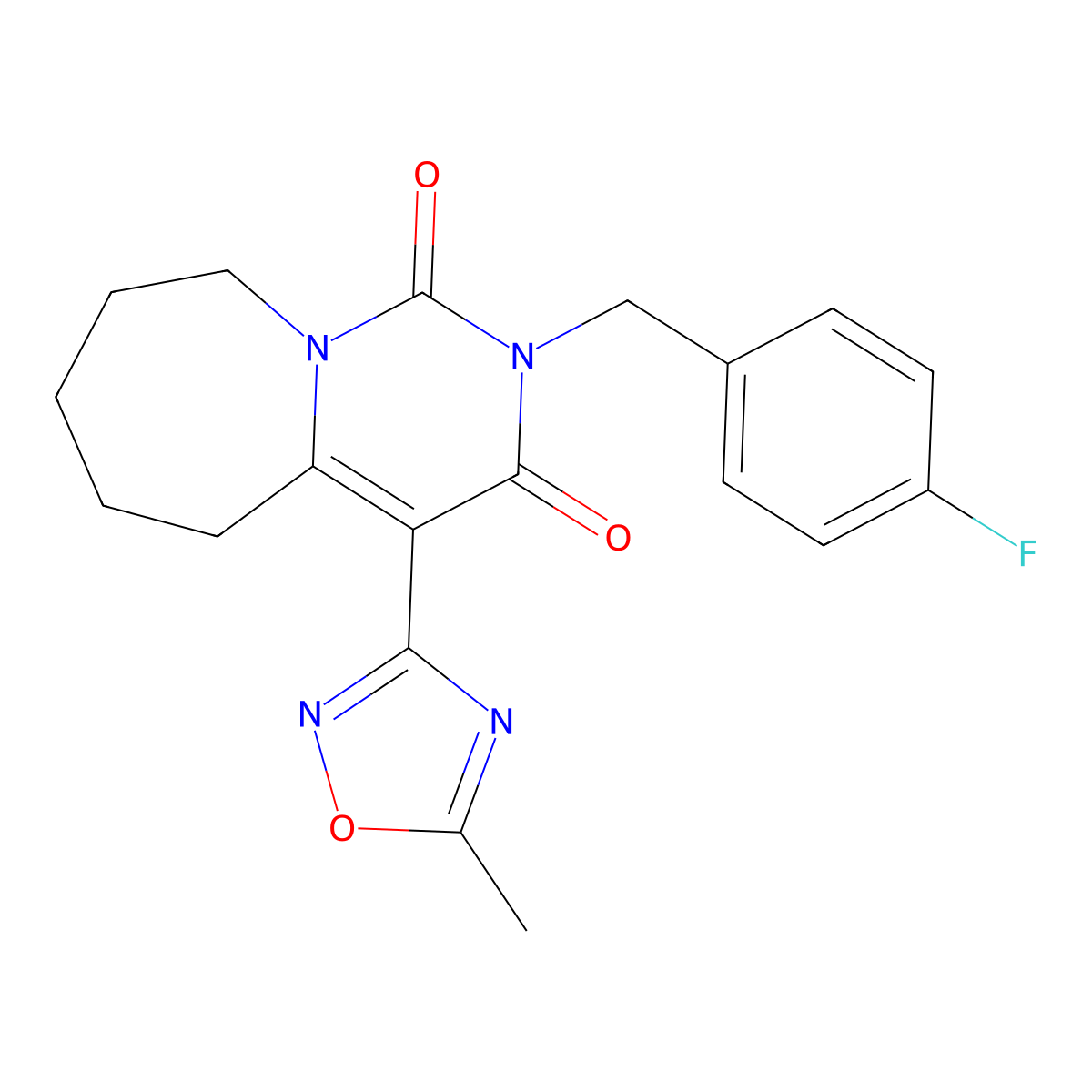 2-(4-fluorobenzyl)-4-(5-methyl-1,2,4-oxadiazol-3-yl)-6,7,8,9-tetrahydropyrimido[1,6-a]azepine-1,3(2H,5H)-dione molecular structure, CAS 1775439-08-1