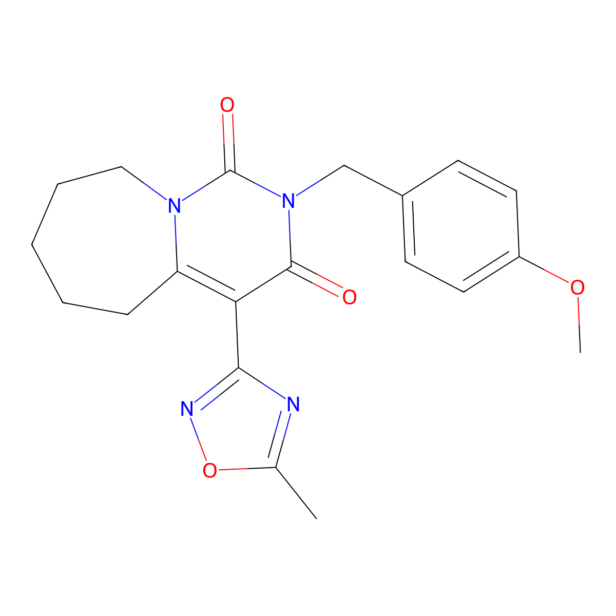2-(4-methoxybenzyl)-4-(5-methyl-1,2,4-oxadiazol-3-yl)-6,7,8,9-tetrahydropyrimido[1,6-a]azepine-1,3(2H,5H)-dione molecular structure, CAS 1775439-13-8