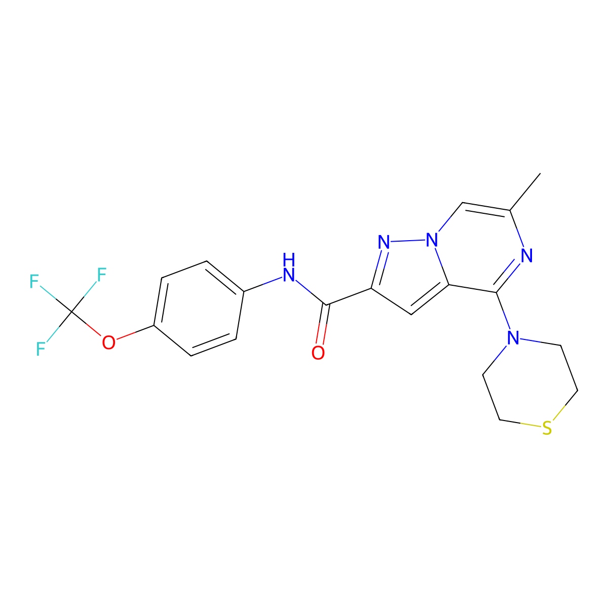 6-methyl-4-(thiomorpholin-4-yl)-N-[4-(trifluoromethoxy)phenyl]pyrazolo[1,5-a]pyrazine-2-carboxamide molecular structure, CAS 1775441-51-4