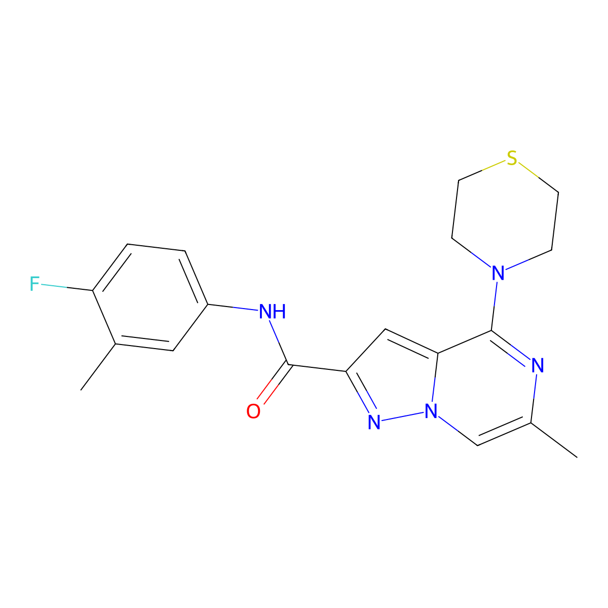 N-(4-fluoro-3-methylphenyl)-6-methyl-4-(thiomorpholin-4-yl)pyrazolo[1,5-a]pyrazine-2-carboxamide molecular structure, CAS 1775441-53-6