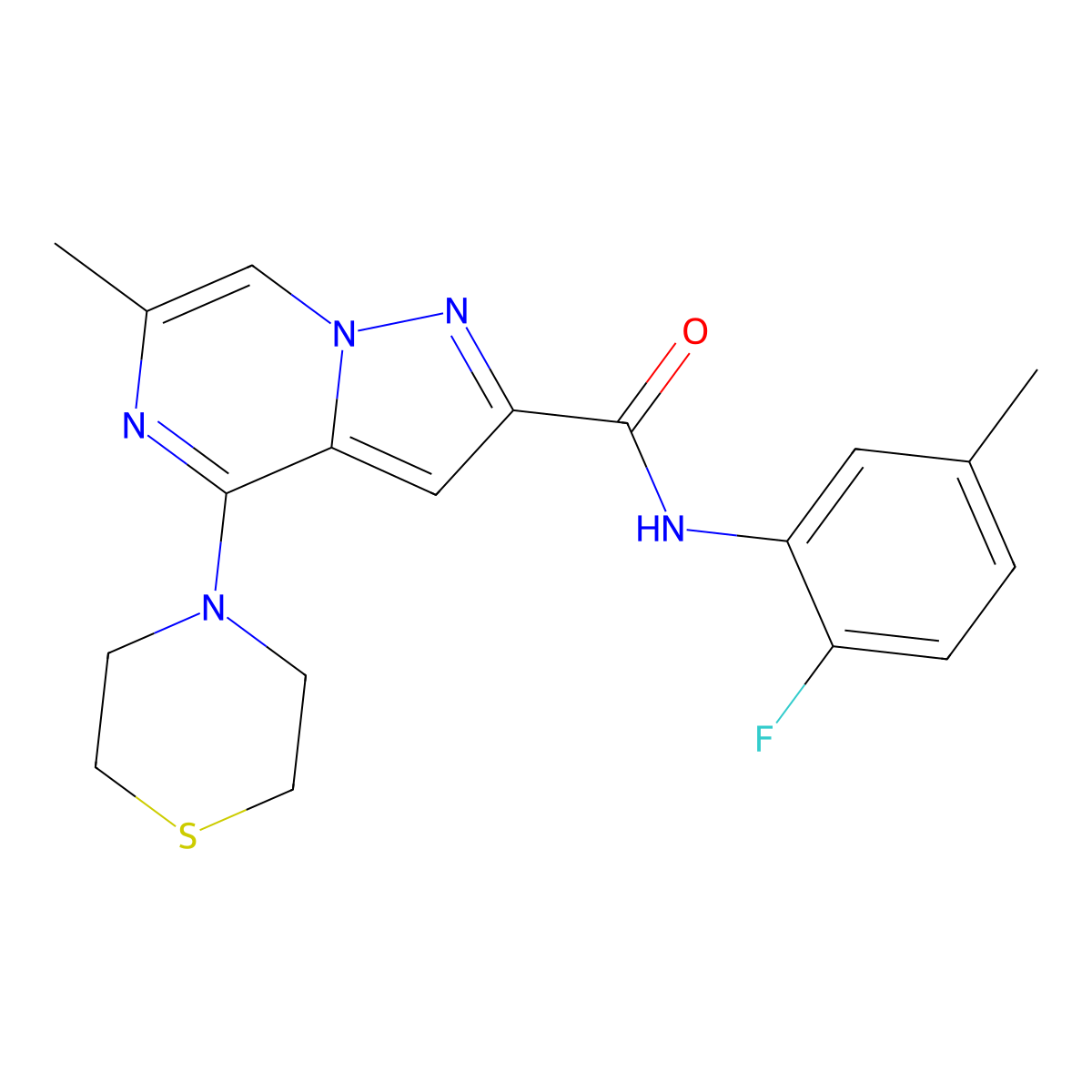 N-(2-fluoro-5-methylphenyl)-6-methyl-4-(thiomorpholin-4-yl)pyrazolo[1,5-a]pyrazine-2-carboxamide molecular structure, CAS 1775441-58-1