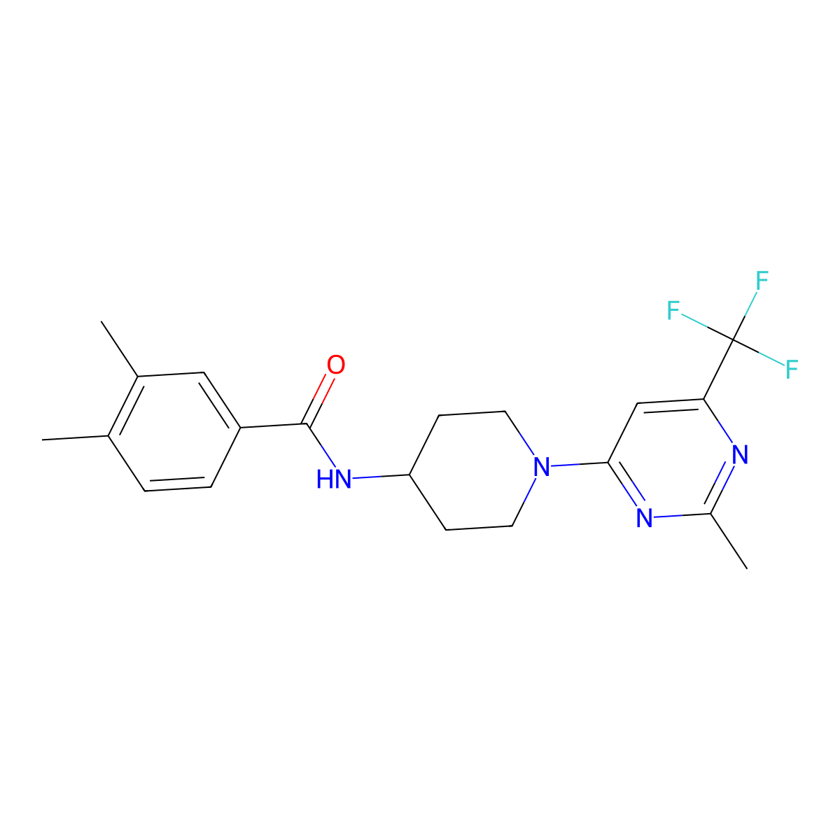 3,4-dimethyl-N-{1-[2-methyl-6-(trifluoromethyl)pyrimidin-4-yl]piperidin-4-yl}benzamide molecular structure, CAS 1775443-41-8