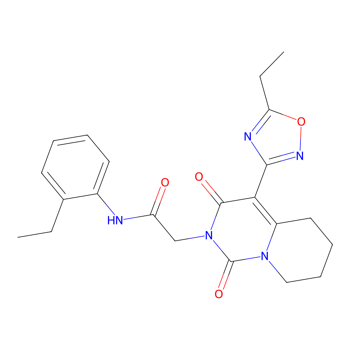2-[4-(5-ethyl-1,2,4-oxadiazol-3-yl)-1,3-dioxo-5,6,7,8-tetrahydro-1H-pyrido[1,2-c]pyrimidin-2(3H)-yl]-N-(2-ethylphenyl)acetamide molecular structure, CAS 1775444-06-8