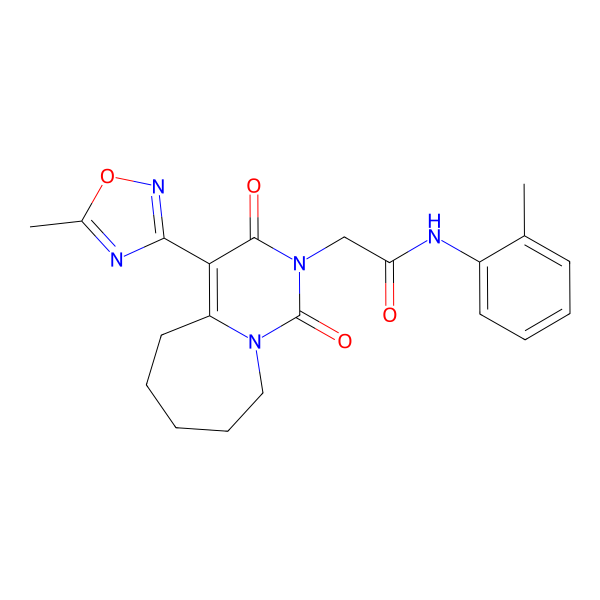2-[4-(5-methyl-1,2,4-oxadiazol-3-yl)-1,3-dioxo-3,5,6,7,8,9-hexahydropyrimido[1,6-a]azepin-2(1H)-yl]-N-(2-methylphenyl)acetamide molecular structure, CAS 1775444-53-5