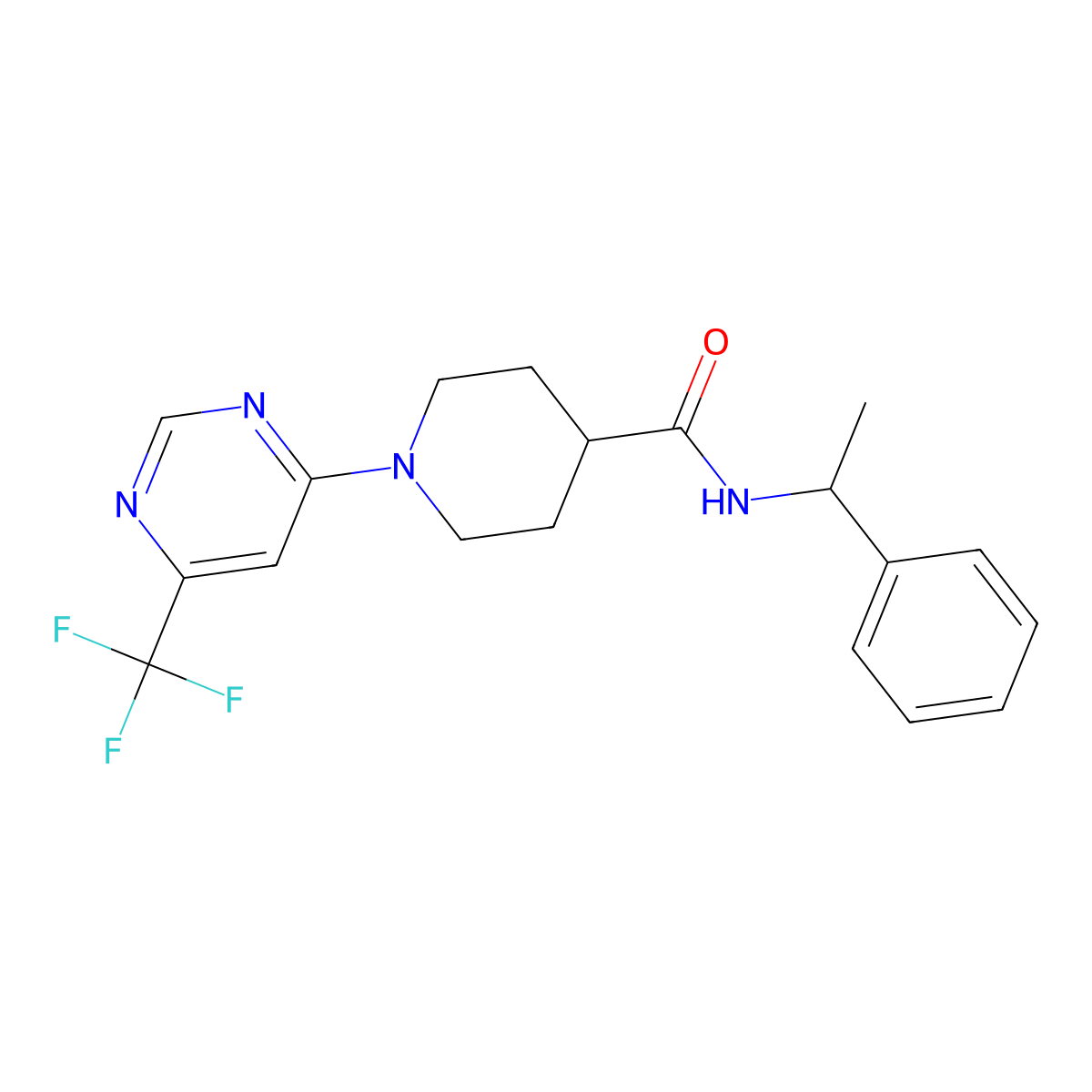 N-(1-phenylethyl)-1-[6-(trifluoromethyl)pyrimidin-4-yl]piperidine-4-carboxamide molecular structure, CAS 1775452-64-6