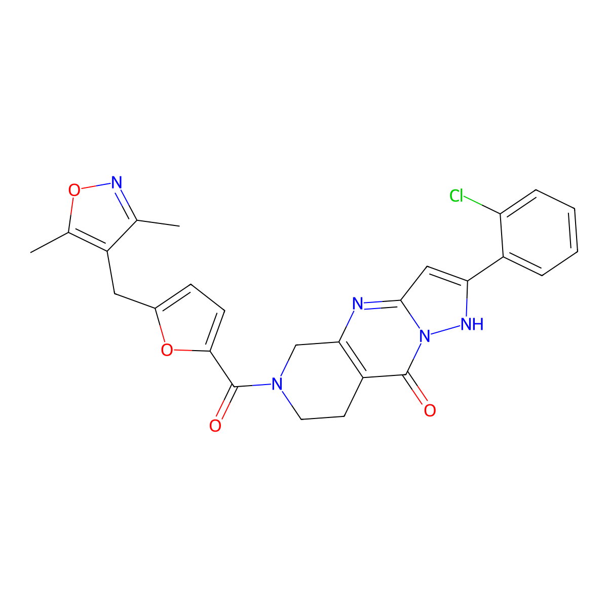 2-(2-chlorophenyl)-6-({5-[(3,5-dimethyl-4-isoxazolyl)methyl]-2-furyl}carbonyl)-5,6,7,8-tetrahydropyrazolo[1,5-a]pyrido[3,4-d]pyrimidin-9(1H)-one molecular structure, CAS 1775452-88-4