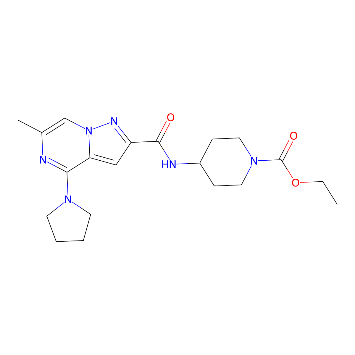 Ethyl 4-[6-methyl-4-(pyrrolidin-1-YL)pyrazolo[1,5-A]pyrazine-2-amido]piperidine-1-carboxylate molecular structure, CAS 1775454-88-0