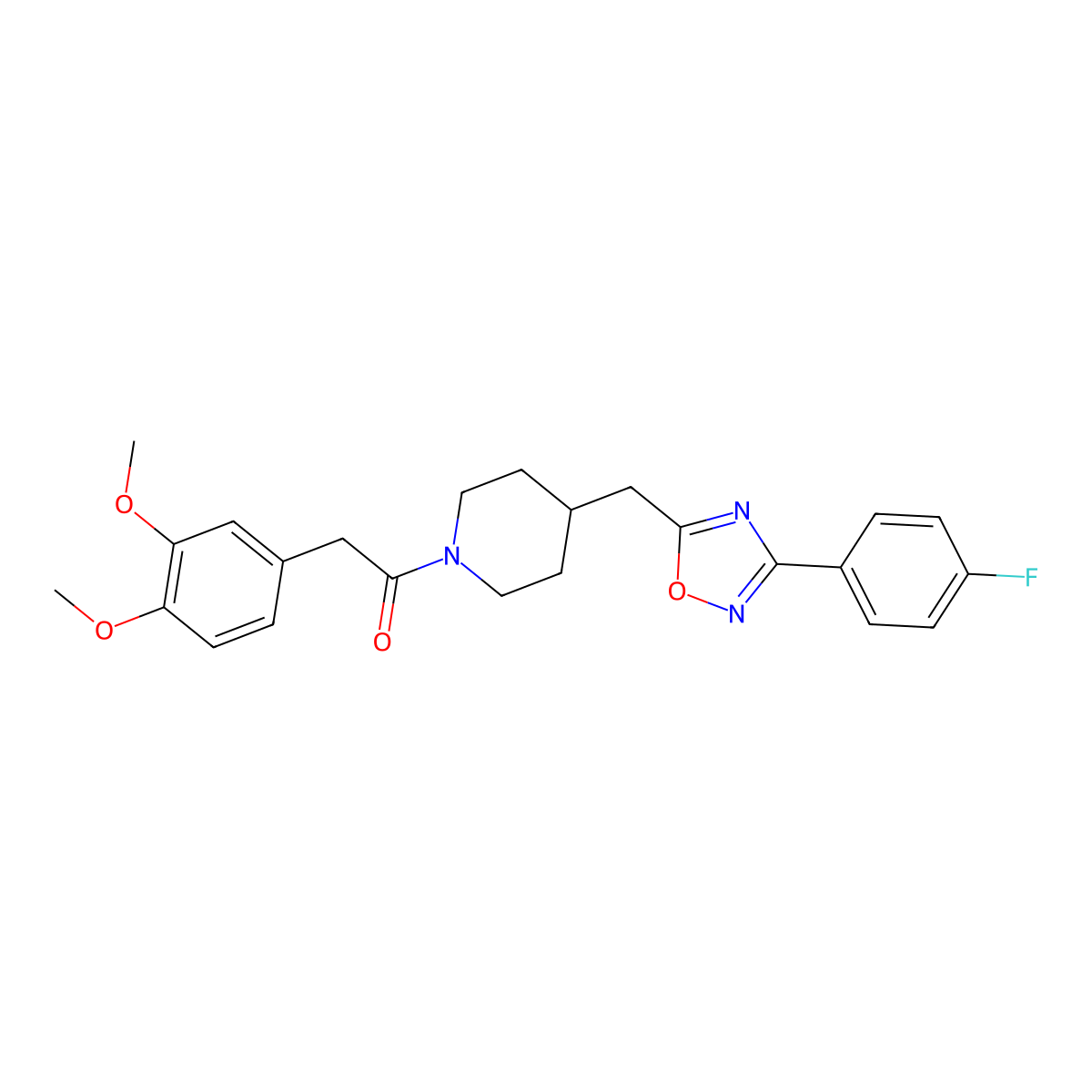 1-[(3,4-Dimethoxyphenyl)acetyl]-4-{[3-(4-fluorophenyl)-1,2,4-oxadiazol-5-yl]methyl}piperidine molecular structure, CAS 1775455-37-2