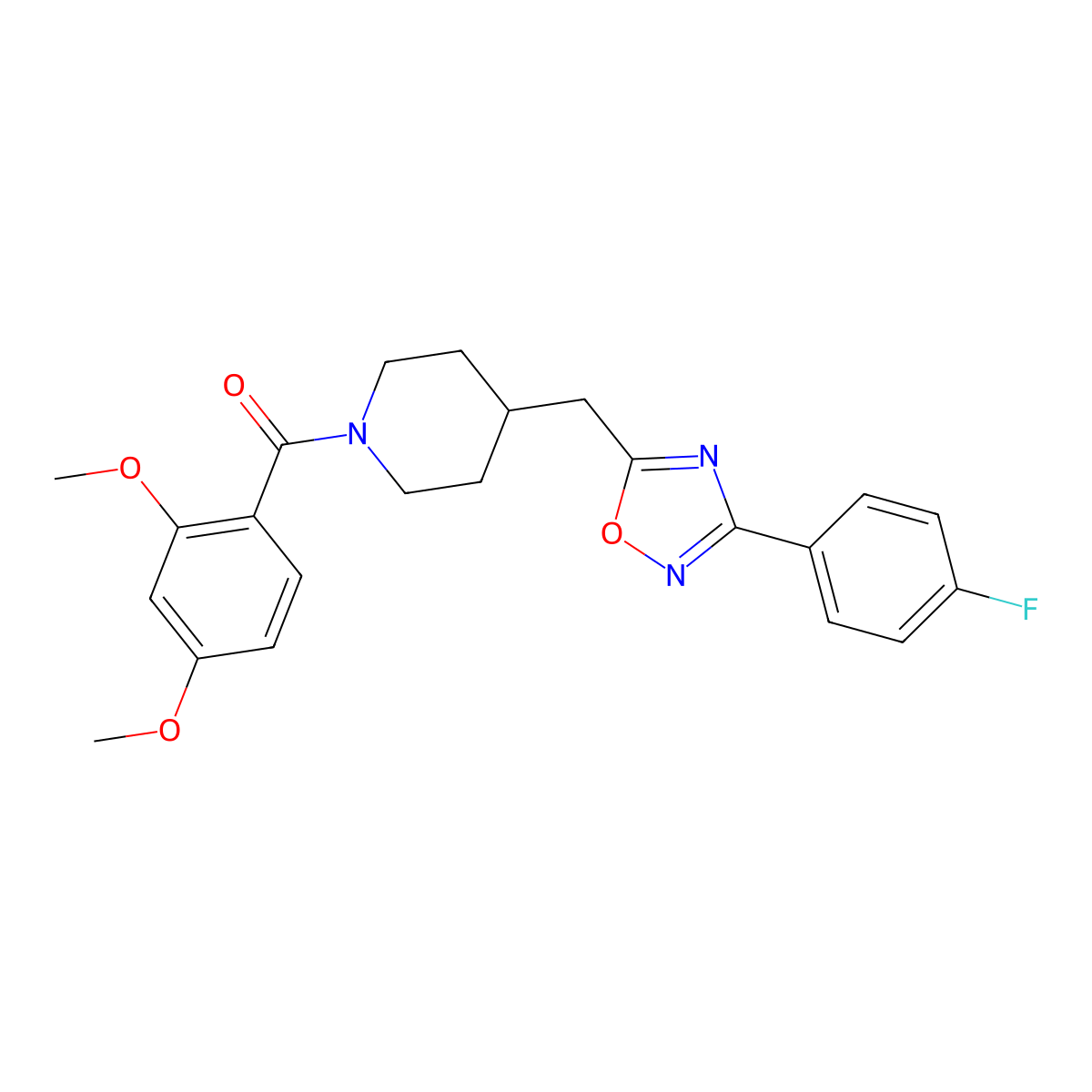 1-(2,4-Dimethoxybenzoyl)-4-{[3-(4-fluorophenyl)-1,2,4-oxadiazol-5-yl]methyl}piperidine molecular structure, CAS 1775455-42-9