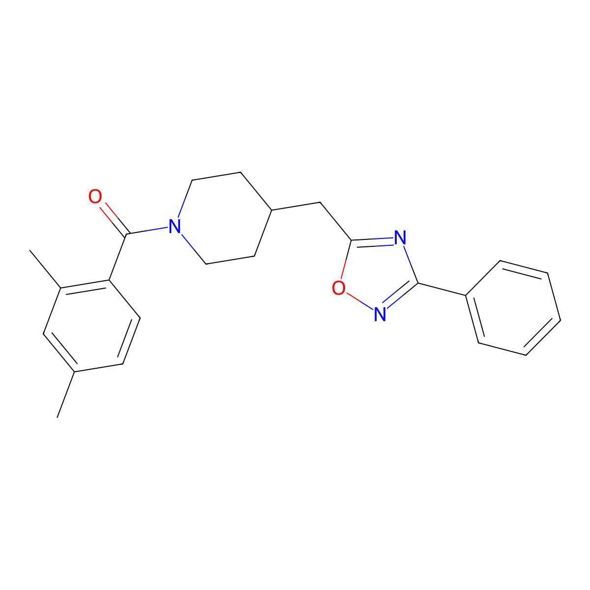 1-(2,4-Dimethylbenzoyl)-4-[(3-phenyl-1,2,4-oxadiazol-5-yl)methyl]piperidine molecular structure, CAS 1775456-21-7