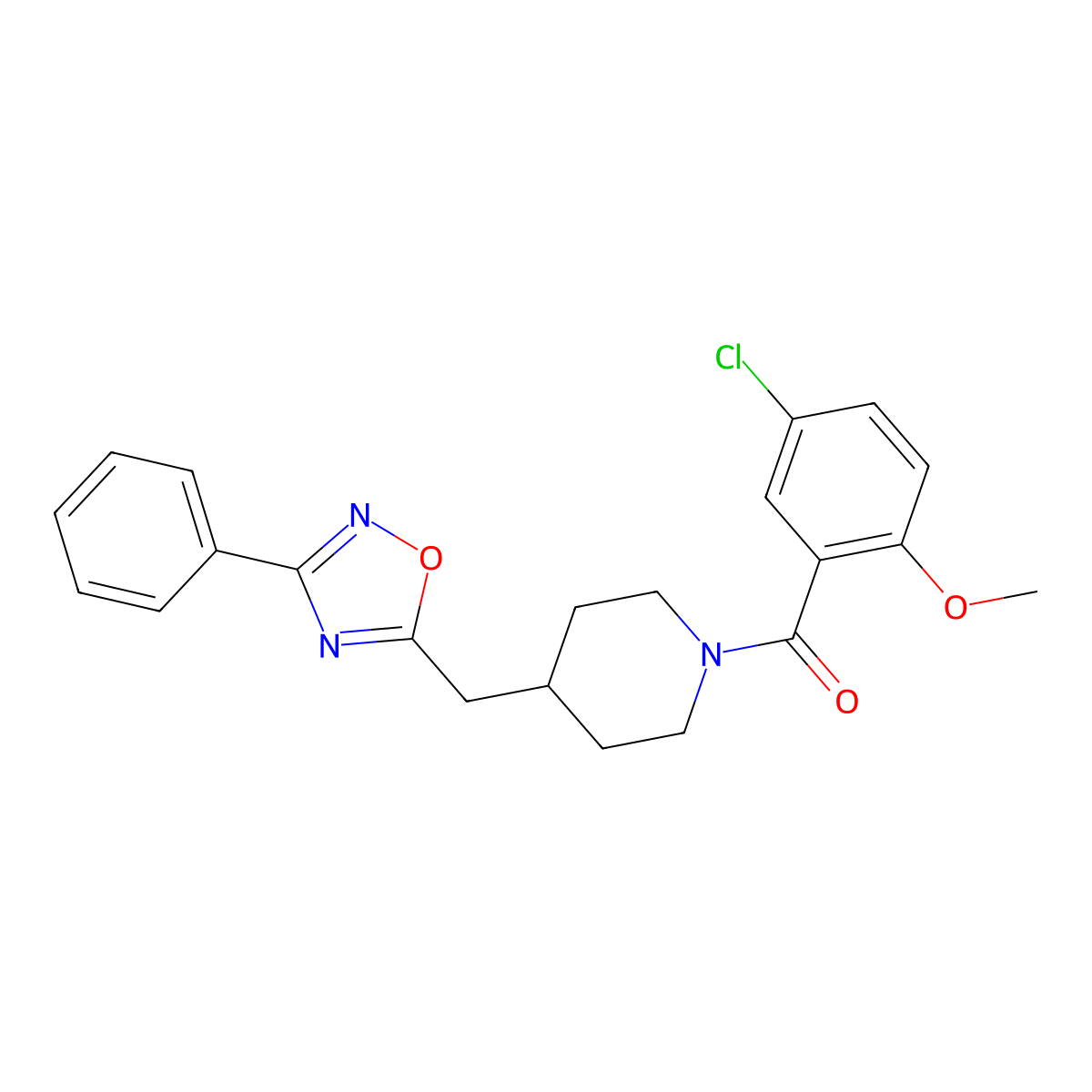 1-(5-Chloro-2-methoxybenzoyl)-4-[(3-phenyl-1,2,4-oxadiazol-5-yl)methyl]piperidine molecular structure, CAS 1775456-36-4