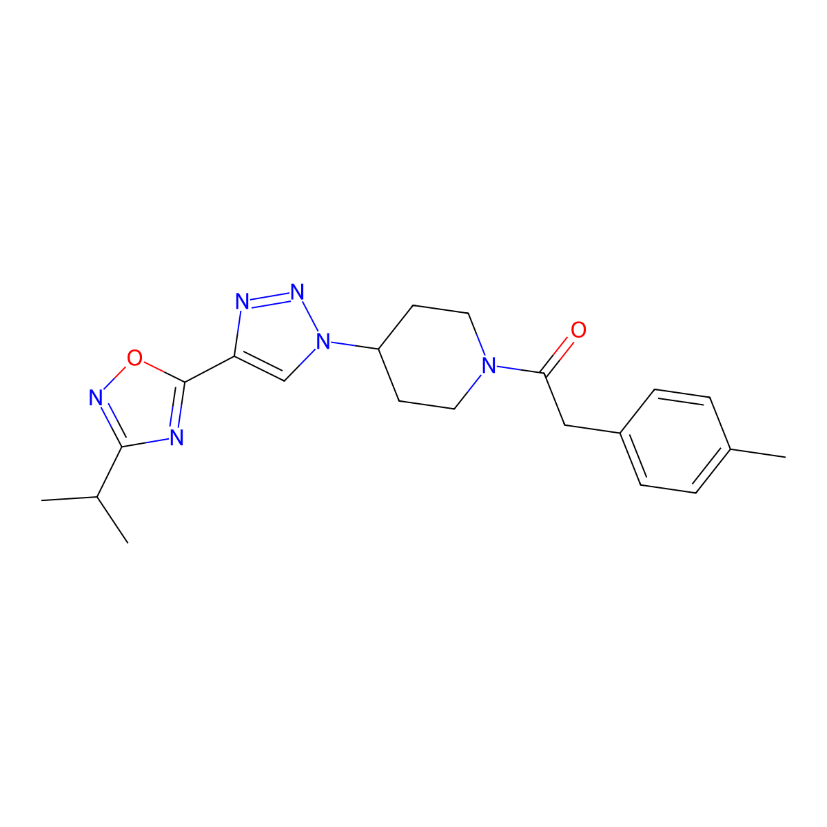 2-(4-Methylphenyl)-1-(4-{4-[3-(propan-2-YL)-1,2,4-oxadiazol-5-YL]-1H-1,2,3-triazol-1-YL}piperidin-1-YL)ethan-1-one molecular structure, CAS 1775459-03-4