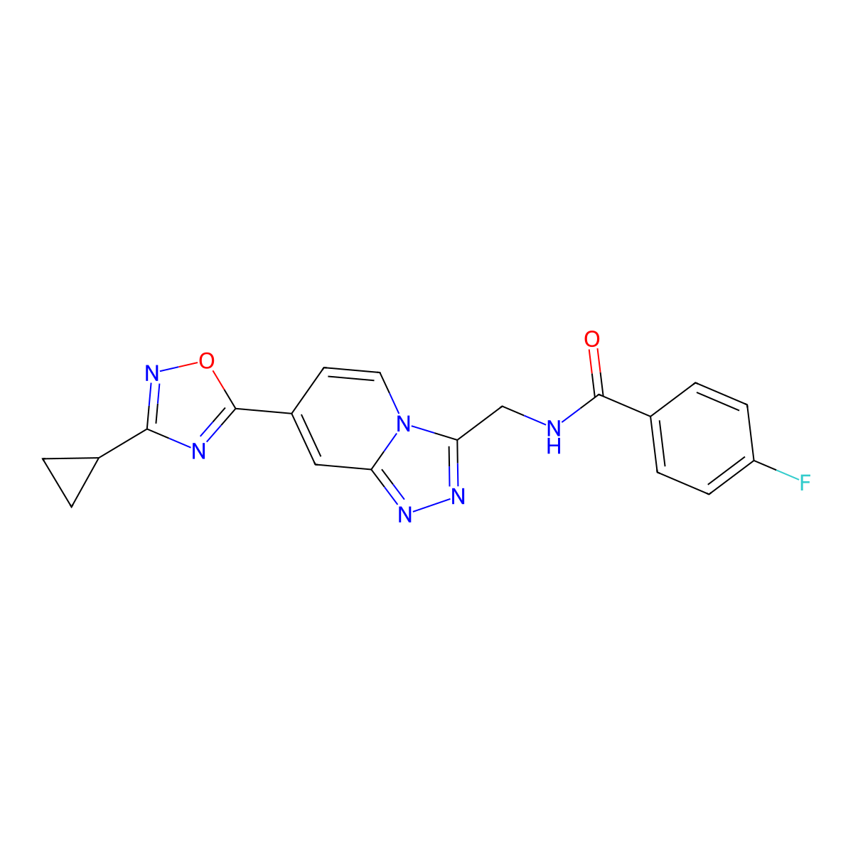 N-{[7-(3-Cyclopropyl-1,2,4-oxadiazol-5-YL)-[1,2,4]triazolo[4,3-A]pyridin-3-YL]methyl}-4-fluorobenzamide molecular structure, CAS 1775459-67-0