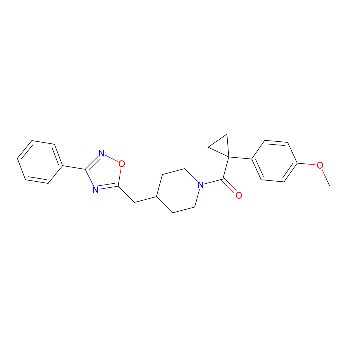 1-{[1-(4-Methoxyphenyl)cyclopropyl]carbonyl}-4-[(3-phenyl-1,2,4-oxadiazol-5-yl)methyl]piperidine molecular structure, CAS 1775460-17-7