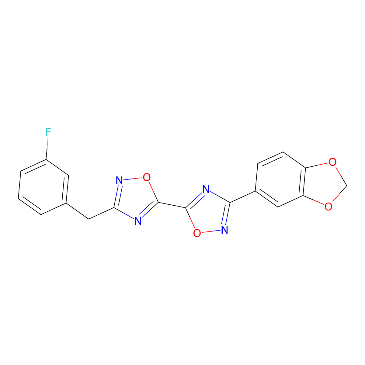 3-(1,3-Benzodioxol-5-yl)-3'-(3-fluorobenzyl)-5,5'-bi-1,2,4-oxadiazole molecular structure, CAS 1775462-11-7