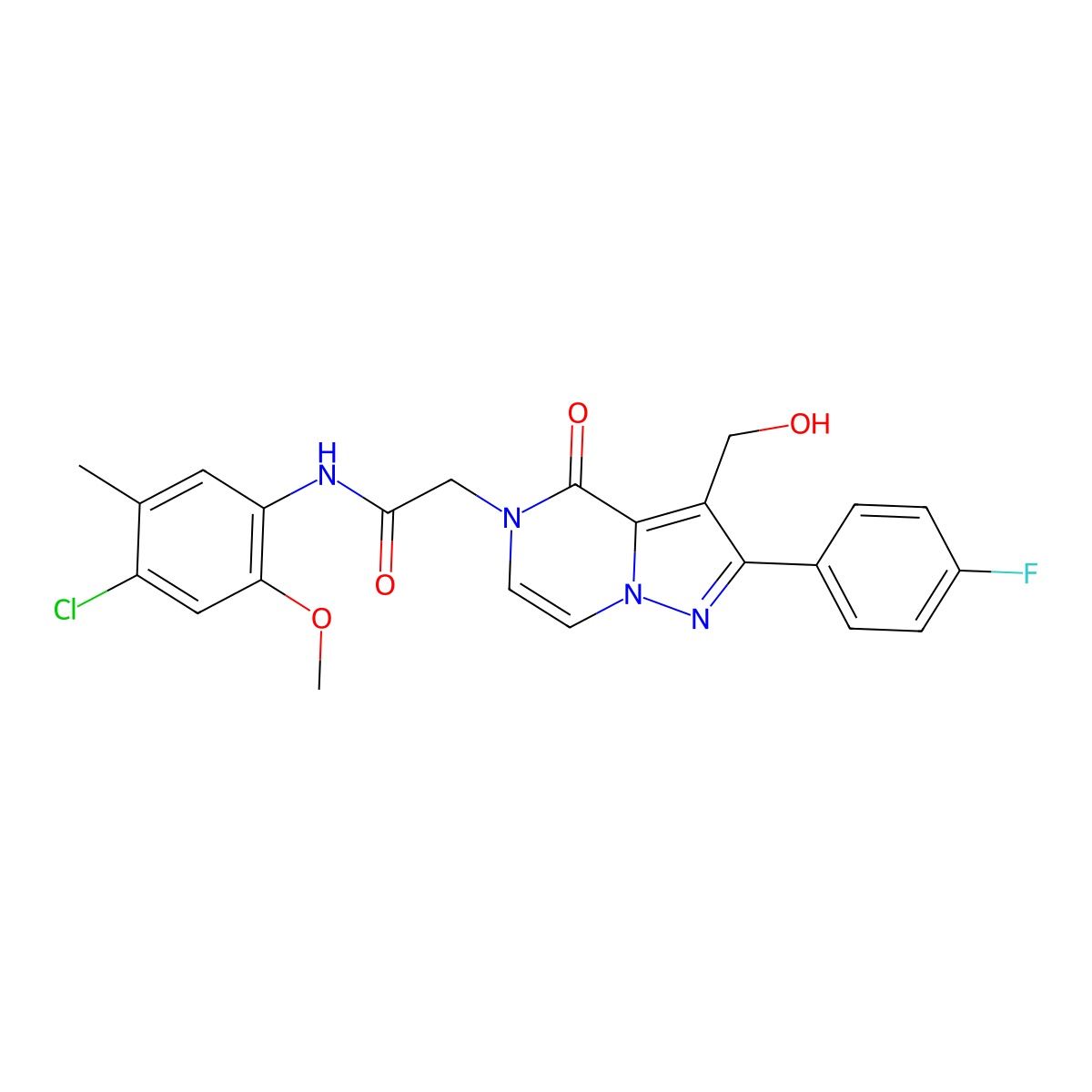N-(4-Chloro-2-methoxy-5-methylphenyl)-2-[2-(4-fluorophenyl)-3-(hydroxymethyl)-4-oxo-4H,5H-pyrazolo[1,5-A]pyrazin-5-YL]acetamide molecular structure, CAS 1775462-60-6