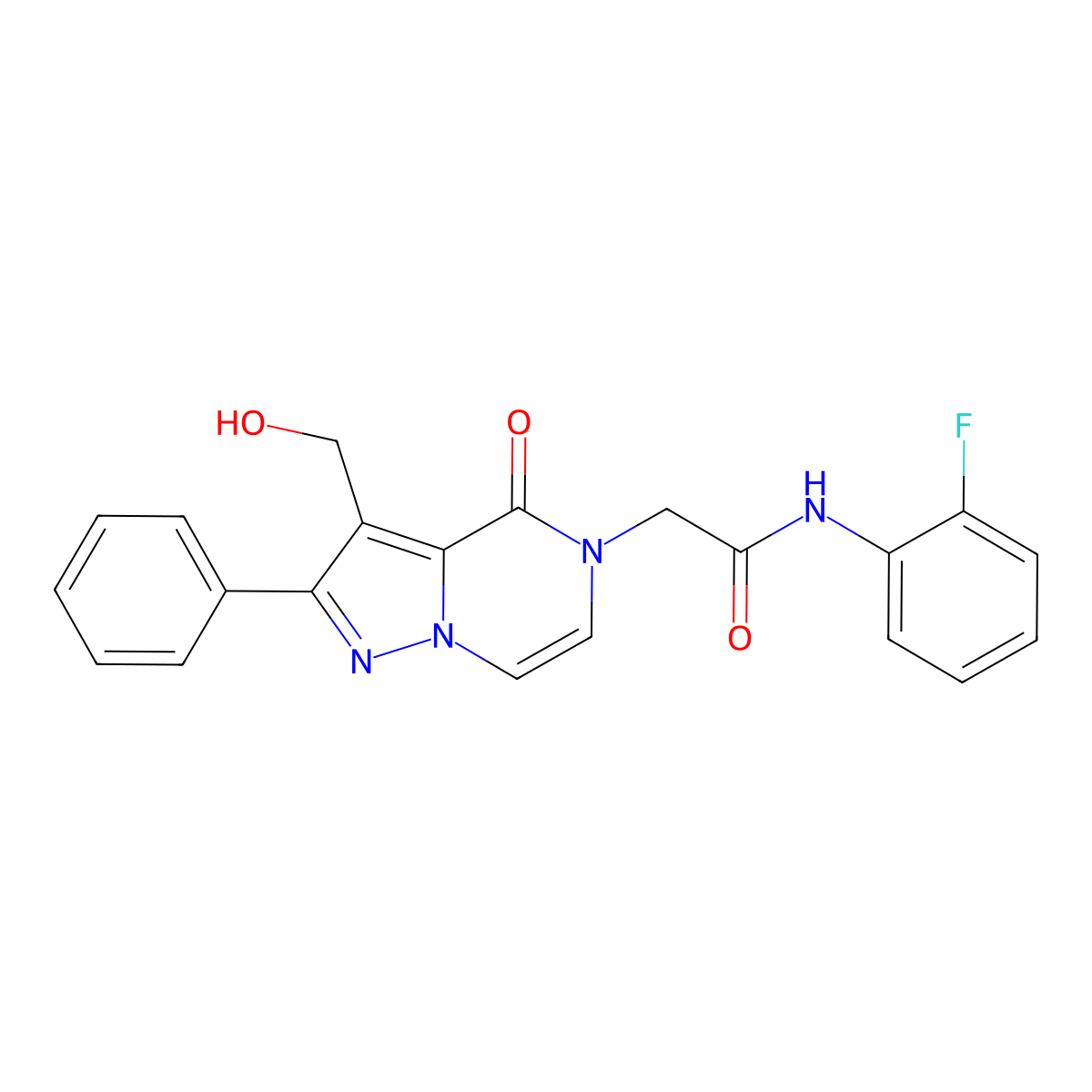 N-(2-Fluorophenyl)-2-[3-(hydroxymethyl)-4-oxo-2-phenyl-4H,5H-pyrazolo[1,5-A]pyrazin-5-YL]acetamide molecular structure, CAS 1775462-72-0
