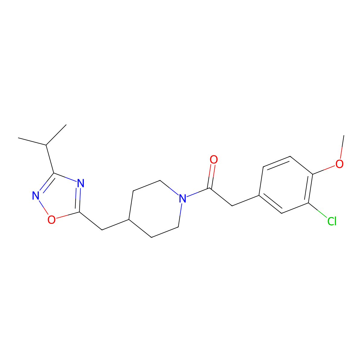 1-[(3-Chloro-4-methoxyphenyl)acetyl]-4-[(3-isopropyl-1,2,4-oxadiazol-5-yl)methyl]piperidine molecular structure, CAS 1775467-44-1