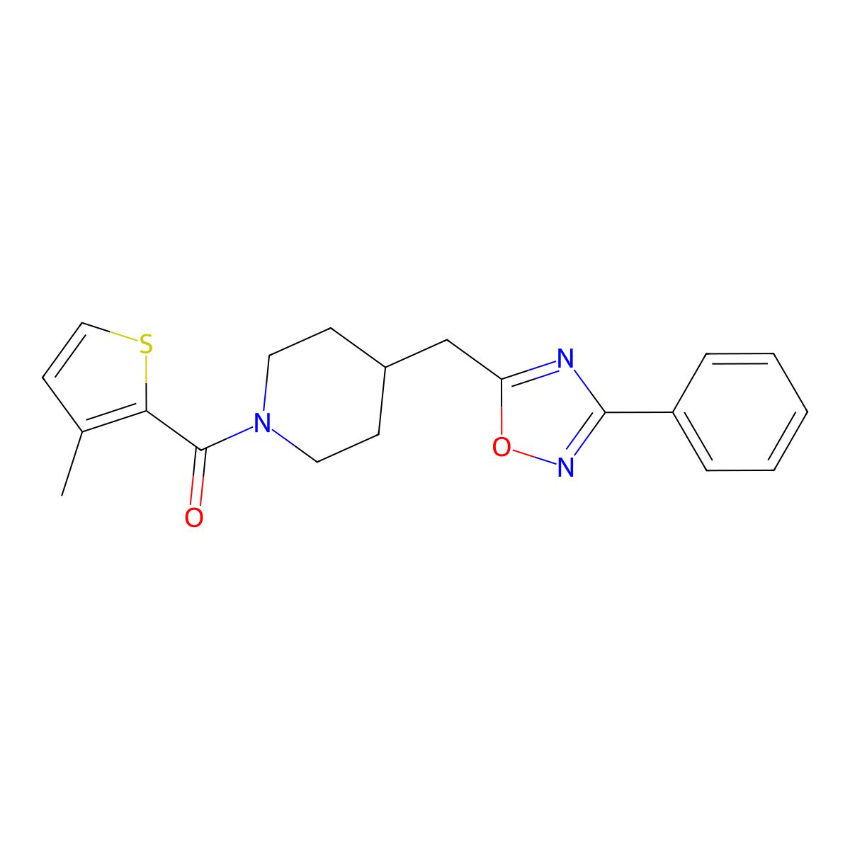 1-[(3-Methyl-2-thienyl)carbonyl]-4-[(3-phenyl-1,2,4-oxadiazol-5-yl)methyl]piperidine molecular structure, CAS 1775467-49-6