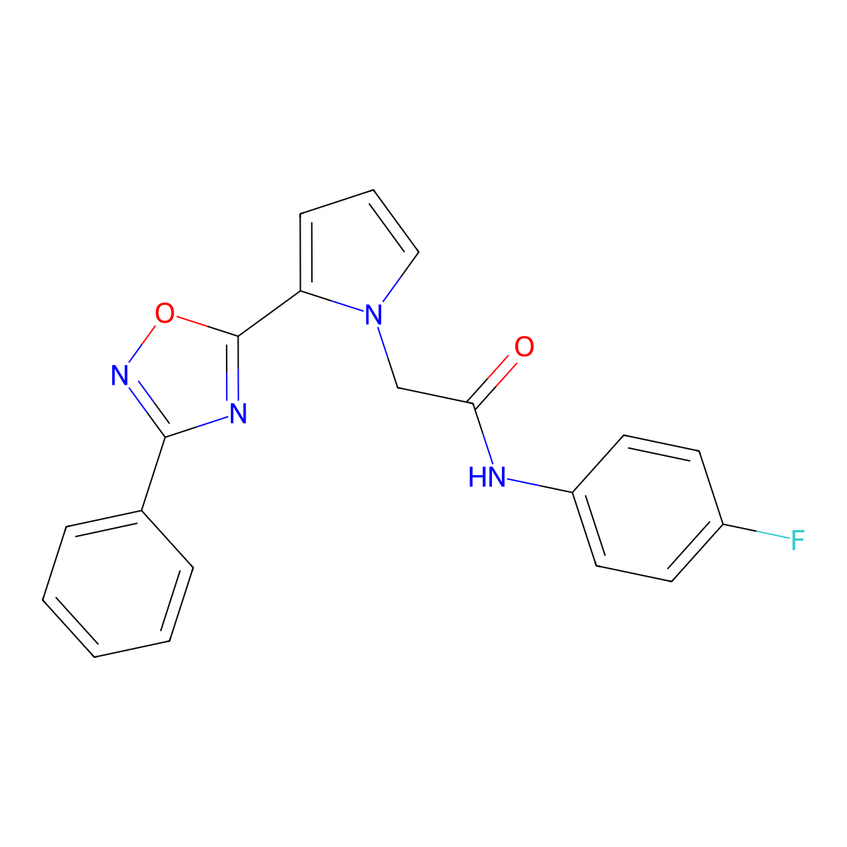 N-(4-fluorophenyl)-2-[2-(3-phenyl-1,2,4-oxadiazol-5-yl)-1H-pyrrol-1-yl]acetamide molecular structure, CAS 1775468-73-9
