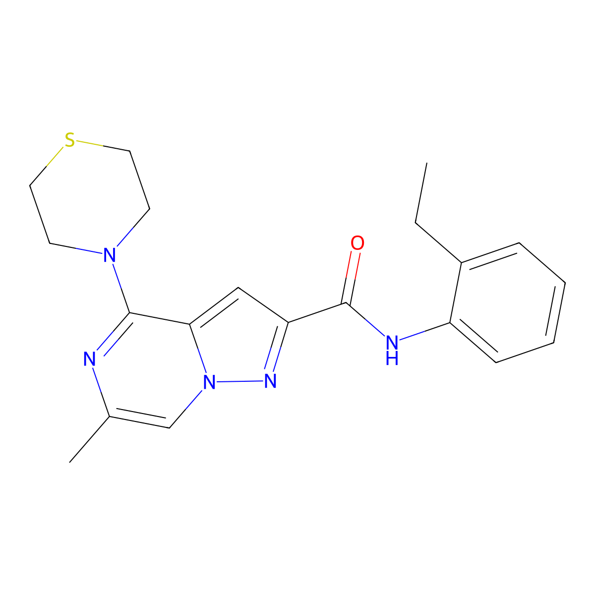 N-(2-ethylphenyl)-6-methyl-4-(thiomorpholin-4-yl)pyrazolo[1,5-a]pyrazine-2-carboxamide molecular structure, CAS 1775470-08-0