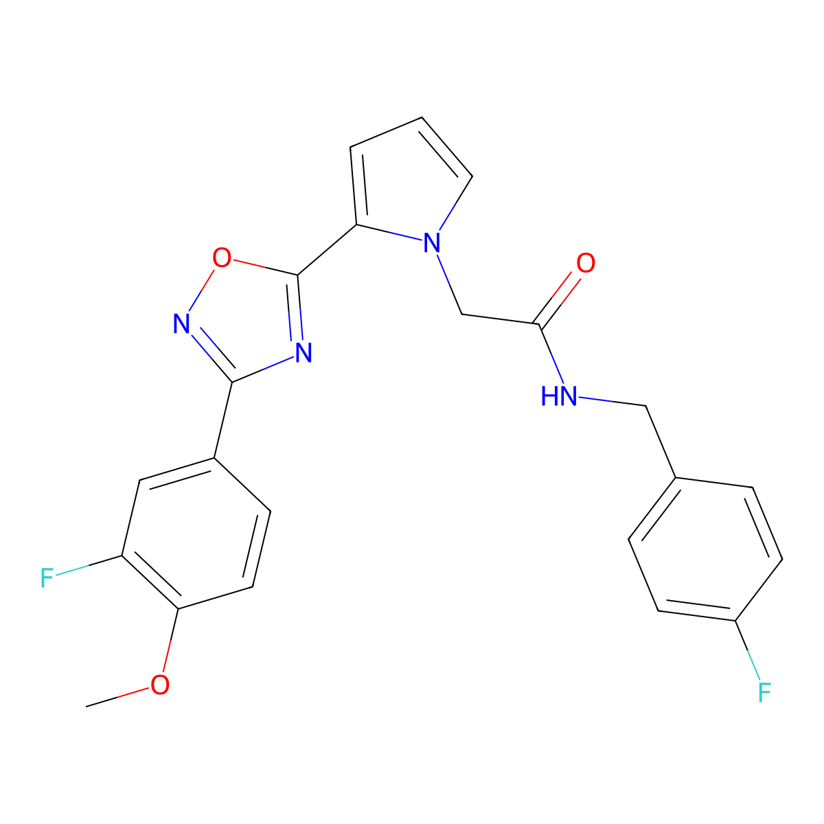2-{2-[3-(3-Fluoro-4-methoxyphenyl)-1,2,4-oxadiazol-5-YL]-1H-pyrrol-1-YL}-N-[(4-fluorophenyl)methyl]acetamide molecular structure, CAS 1775474-02-6