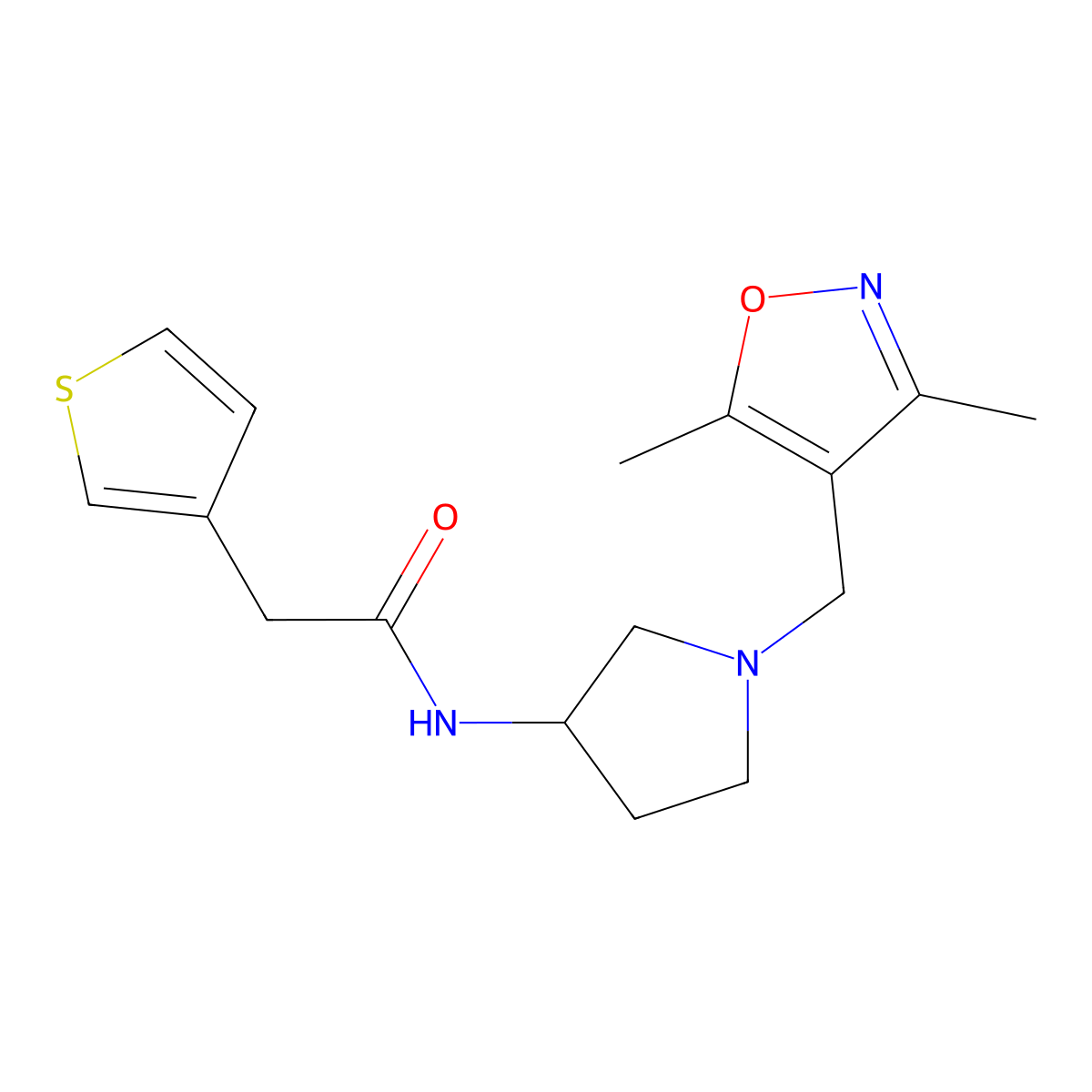 N-{1-[(3,5-Dimethyl-1,2-oxazol-4-YL)methyl]pyrrolidin-3-YL}-2-(thiophen-3-YL)acetamide molecular structure, CAS 1775480-54-0