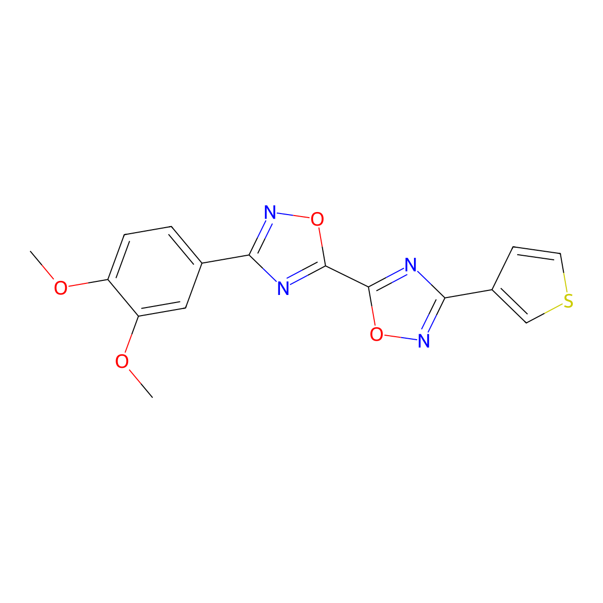 3-(3,4-Dimethoxyphenyl)-3'-(3-thienyl)-5,5'-bi-1,2,4-oxadiazole molecular structure, CAS 1775480-99-3