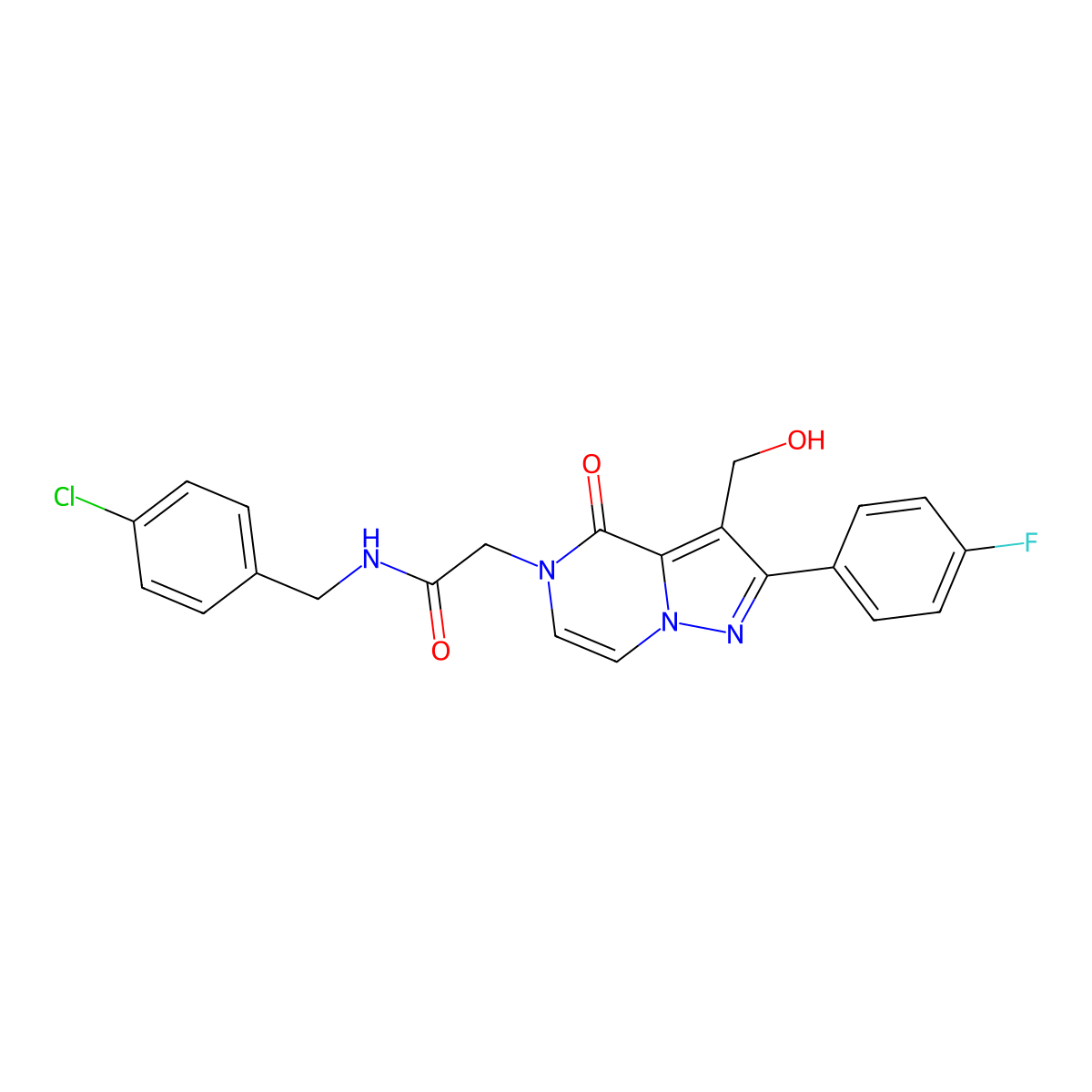 N-[(4-Chlorophenyl)methyl]-2-[2-(4-fluorophenyl)-3-(hydroxymethyl)-4-oxo-4H,5H-pyrazolo[1,5-A]pyrazin-5-YL]acetamide molecular structure, CAS 1775481-76-9