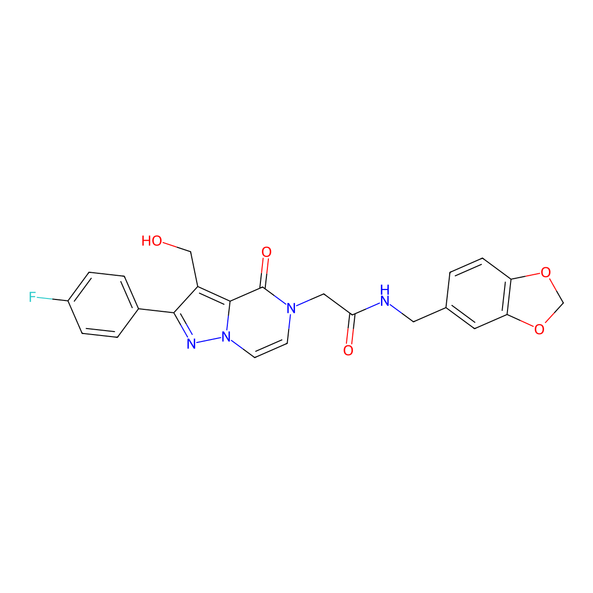 N-[(2H-1,3-Benzodioxol-5-YL)methyl]-2-[2-(4-fluorophenyl)-3-(hydroxymethyl)-4-oxo-4H,5H-pyrazolo[1,5-A]pyrazin-5-YL]acetamide molecular structure, CAS 1775481-79-2