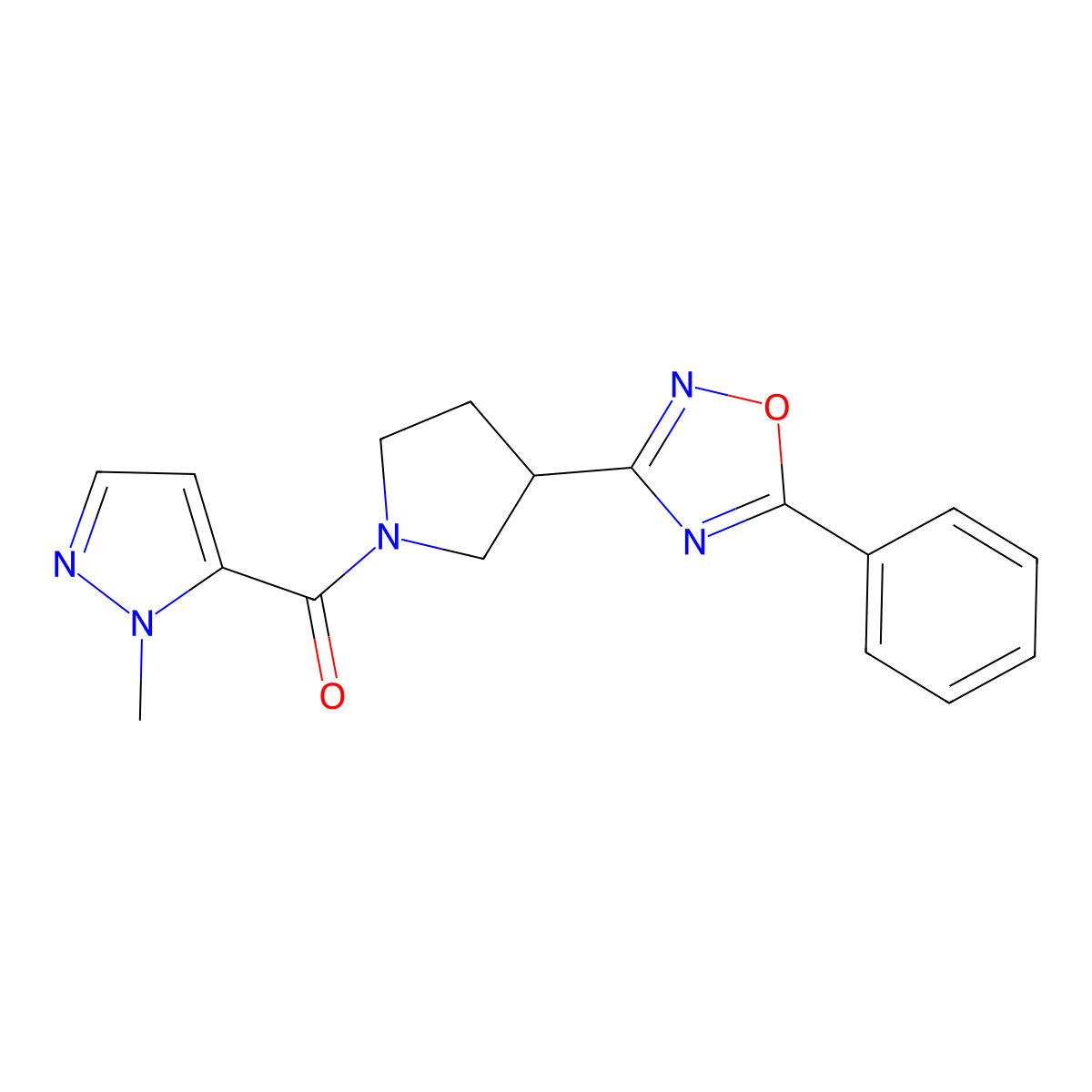 (1-methyl-1H-pyrazol-5-yl)(3-(5-phenyl-1,2,4-oxadiazol-3-yl)pyrrolidin-1-yl)methanone molecular structure, CAS 1775483-71-0